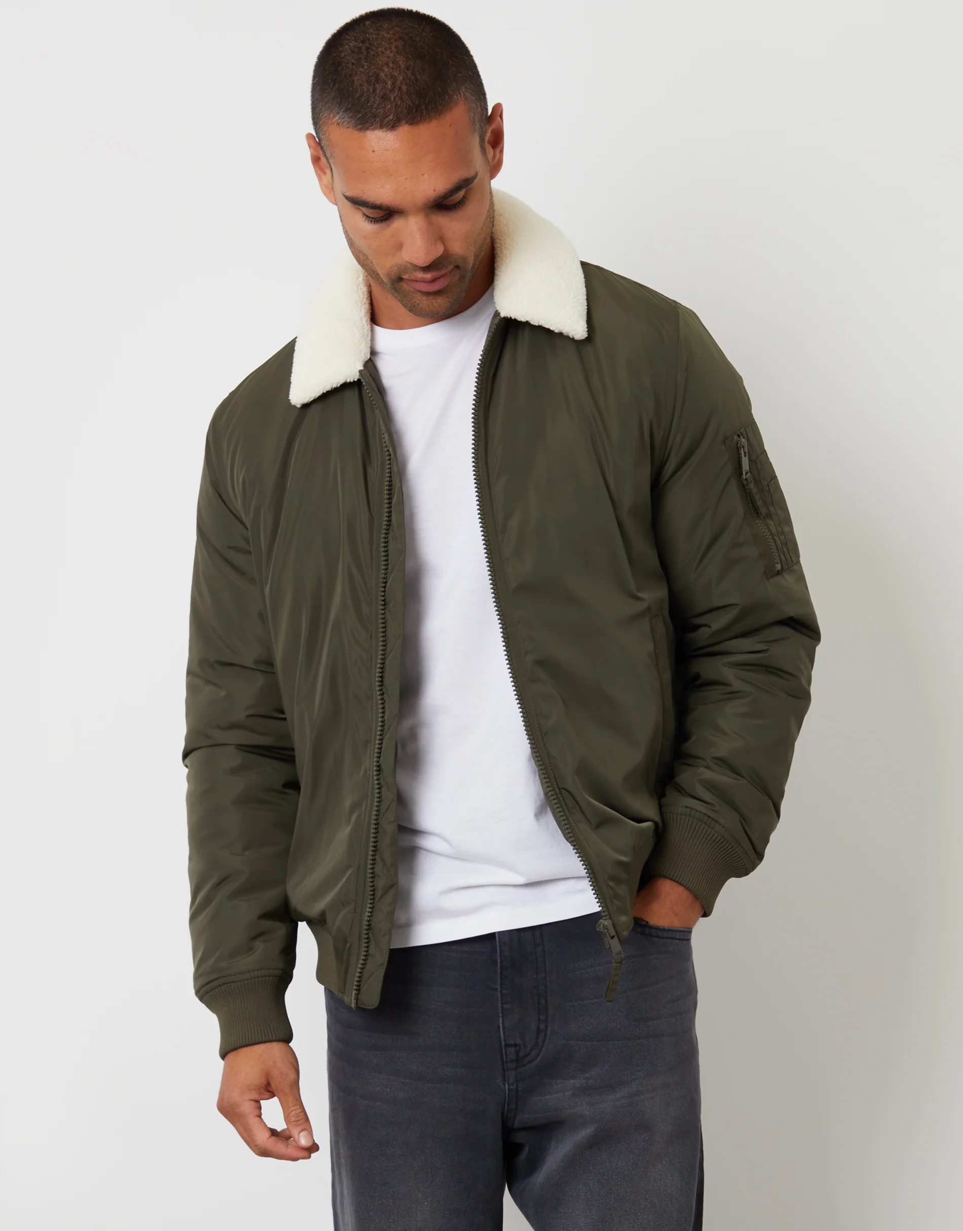 Borg Collar Bomber Jacket in Khaki Green