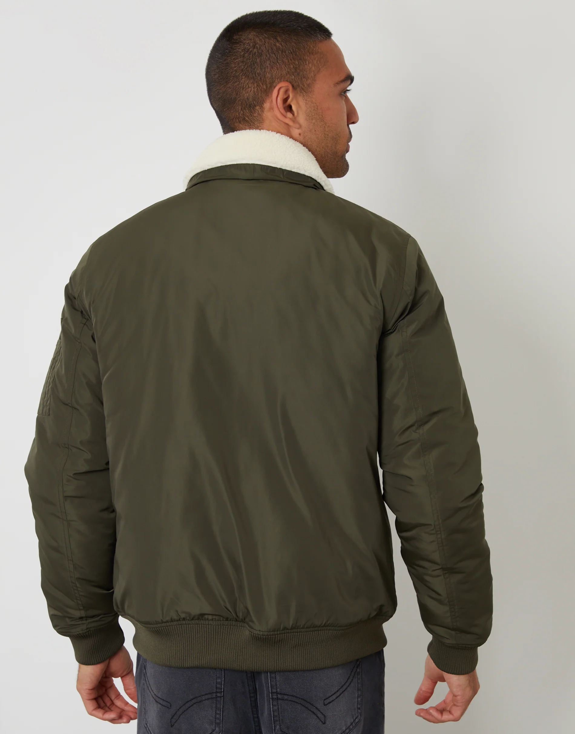 Borg Collar Bomber Jacket in Khaki Green - Image 2