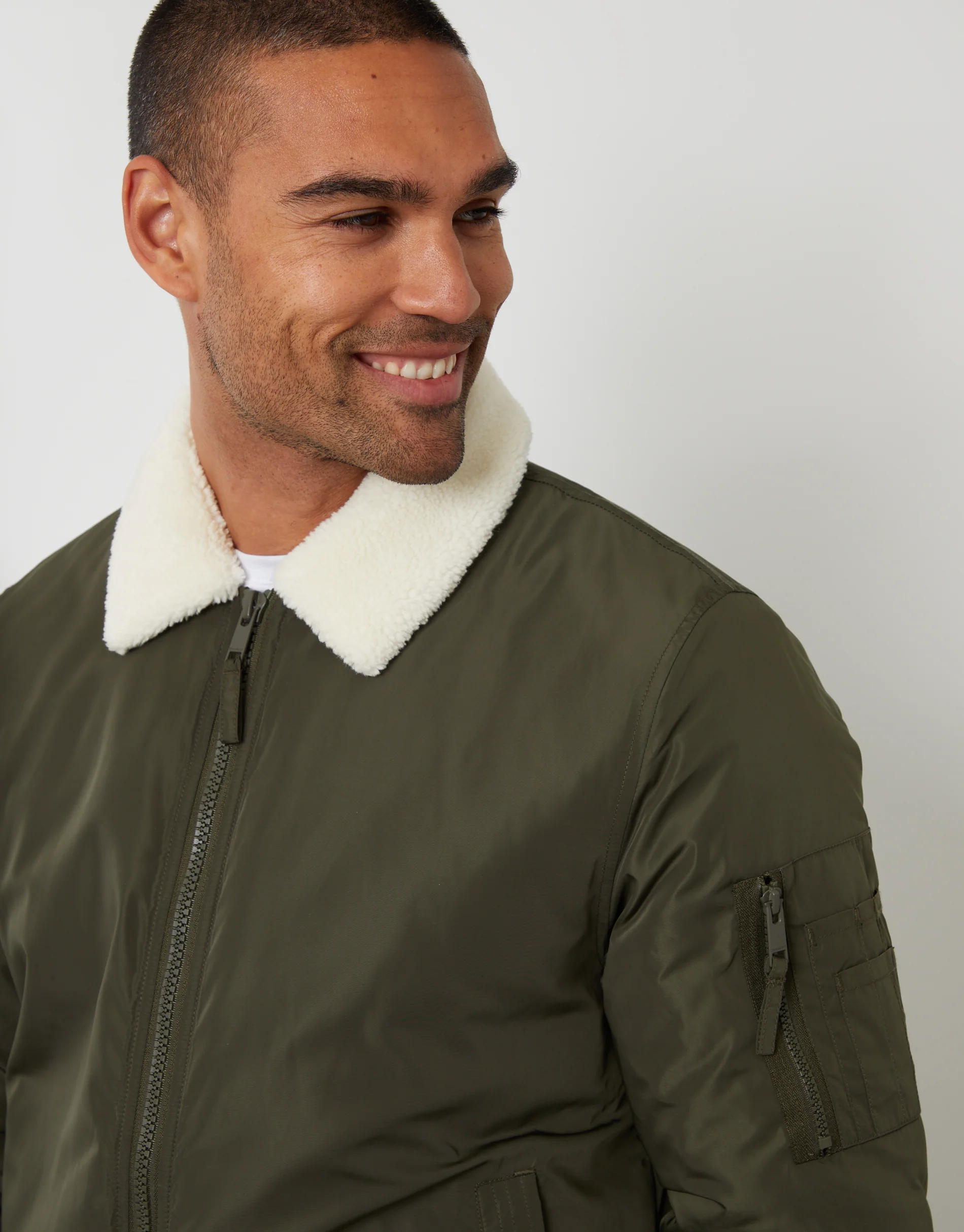 Borg Collar Bomber Jacket in Khaki Green - Image 4