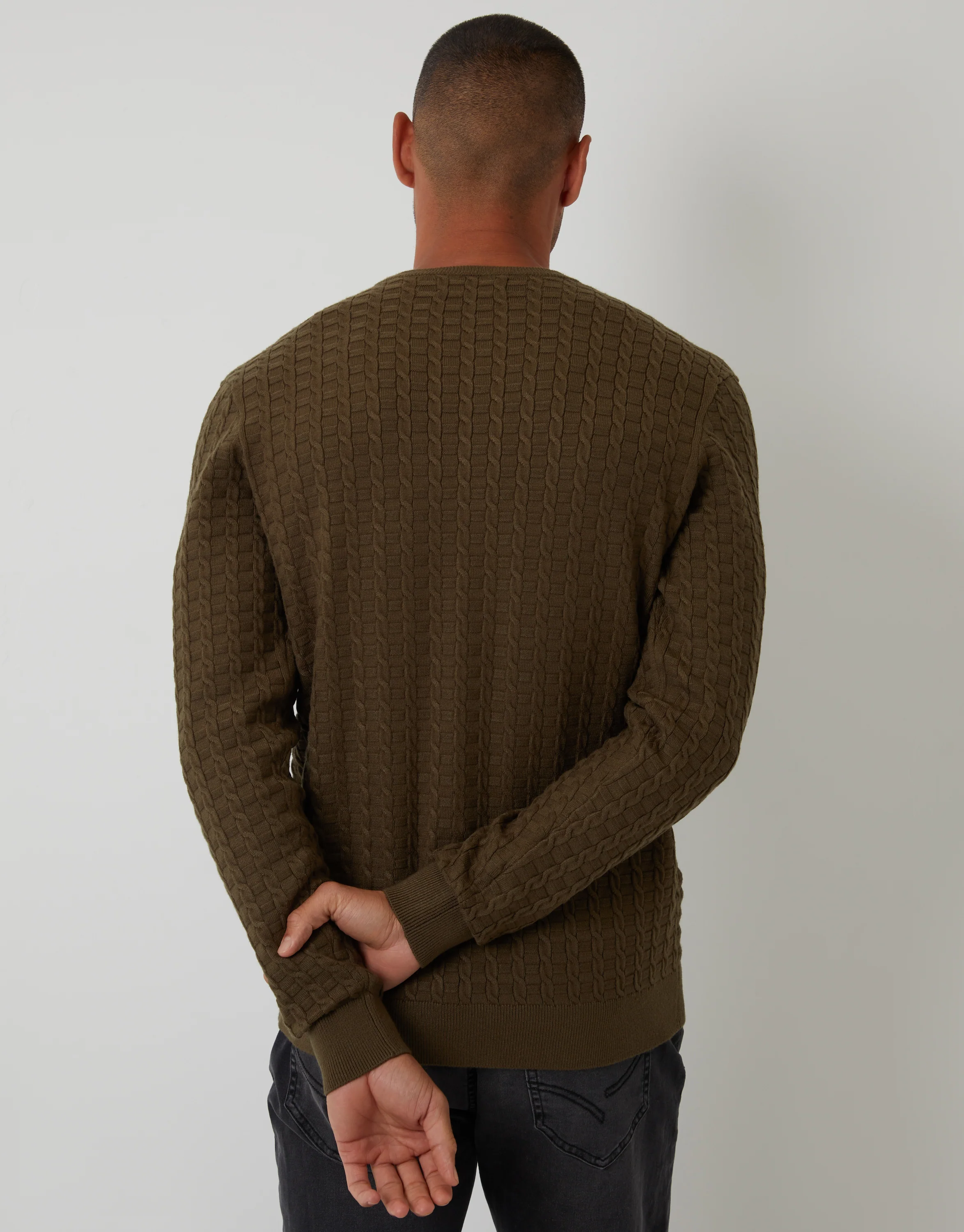 Cable Knit Crew Neck Jumper in Khaki Green - Image 2
