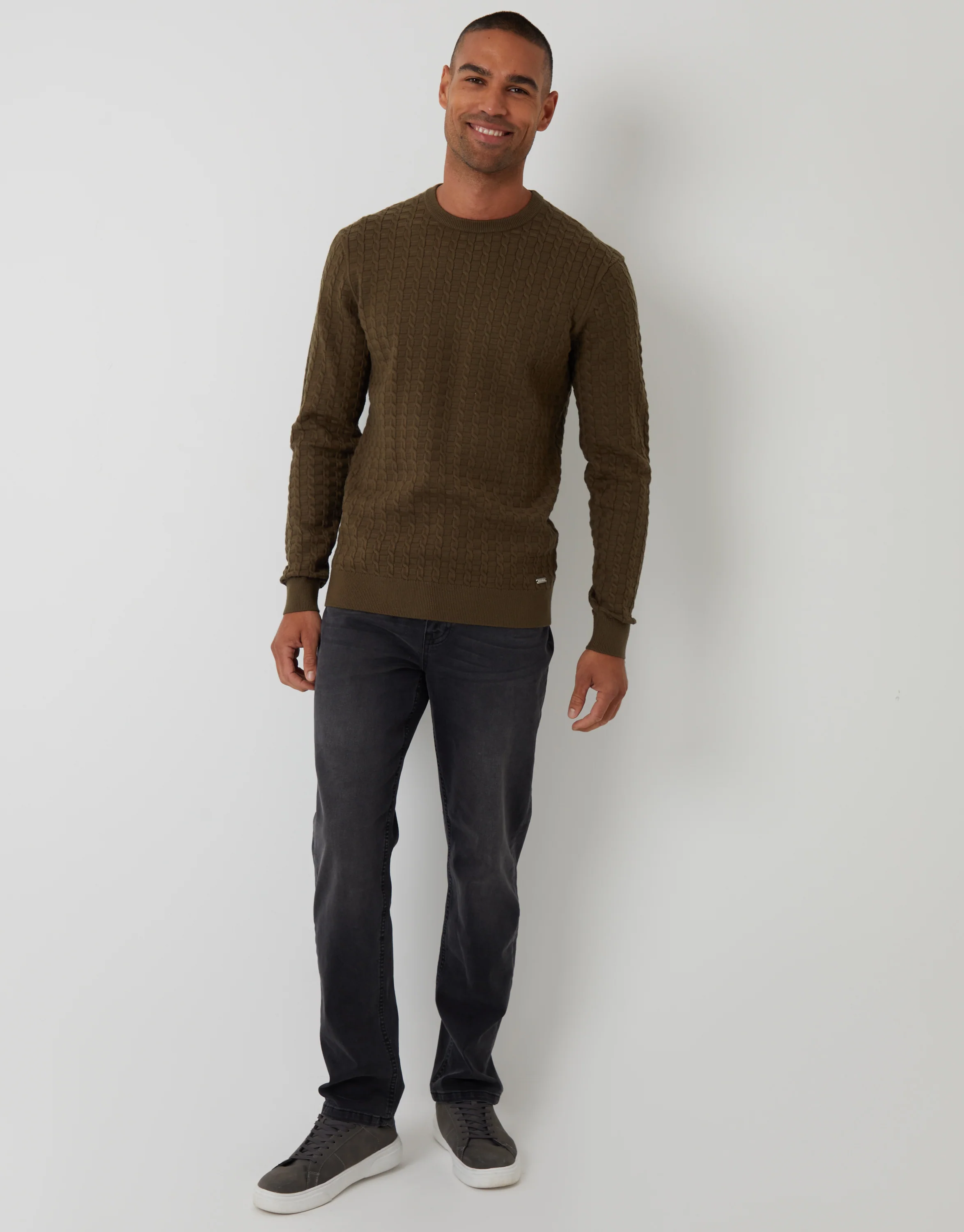 Cable Knit Crew Neck Jumper in Khaki Green - Image 3