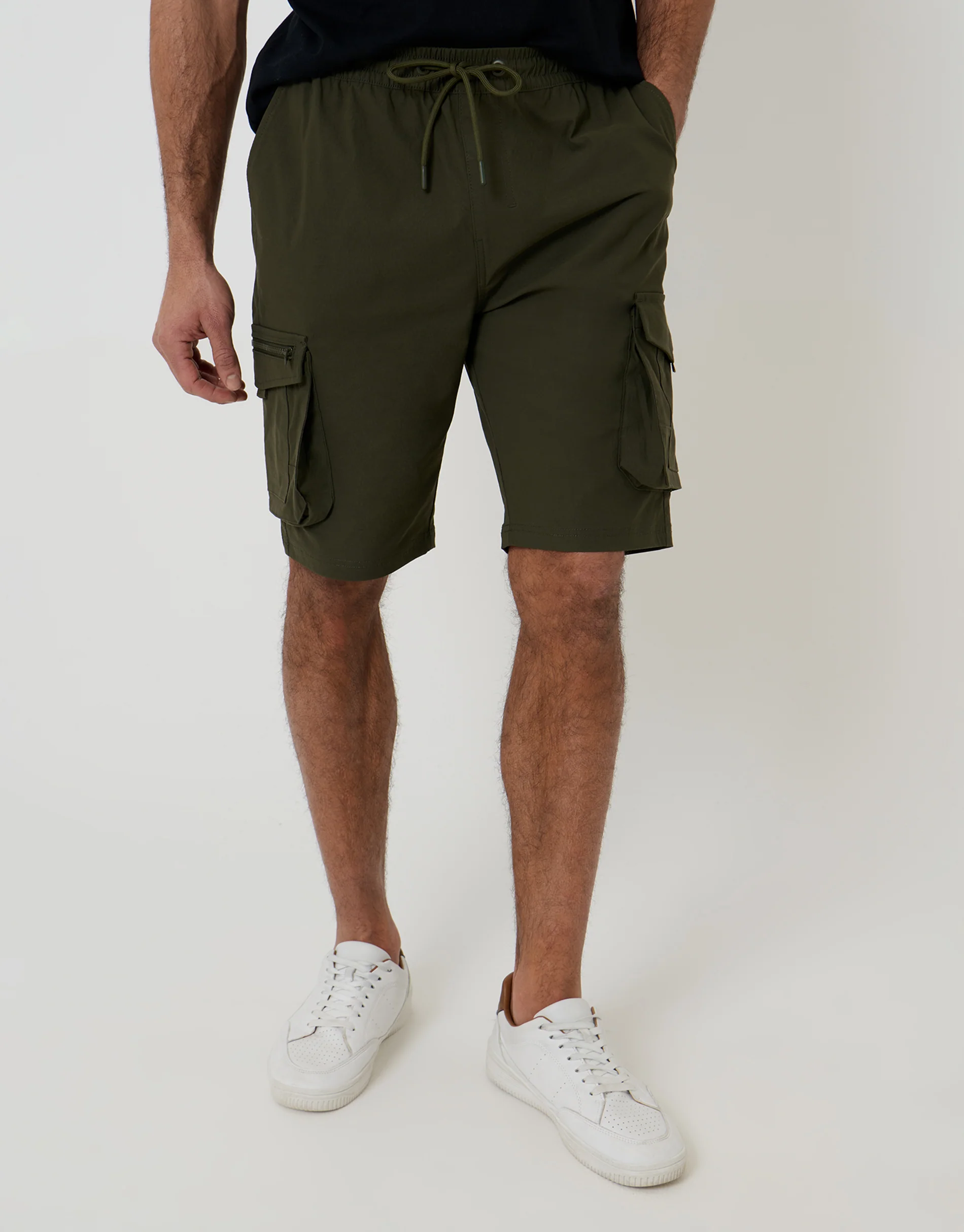Elasticated Waist Stretch Cargo Shorts in Khaki Green - Image 2