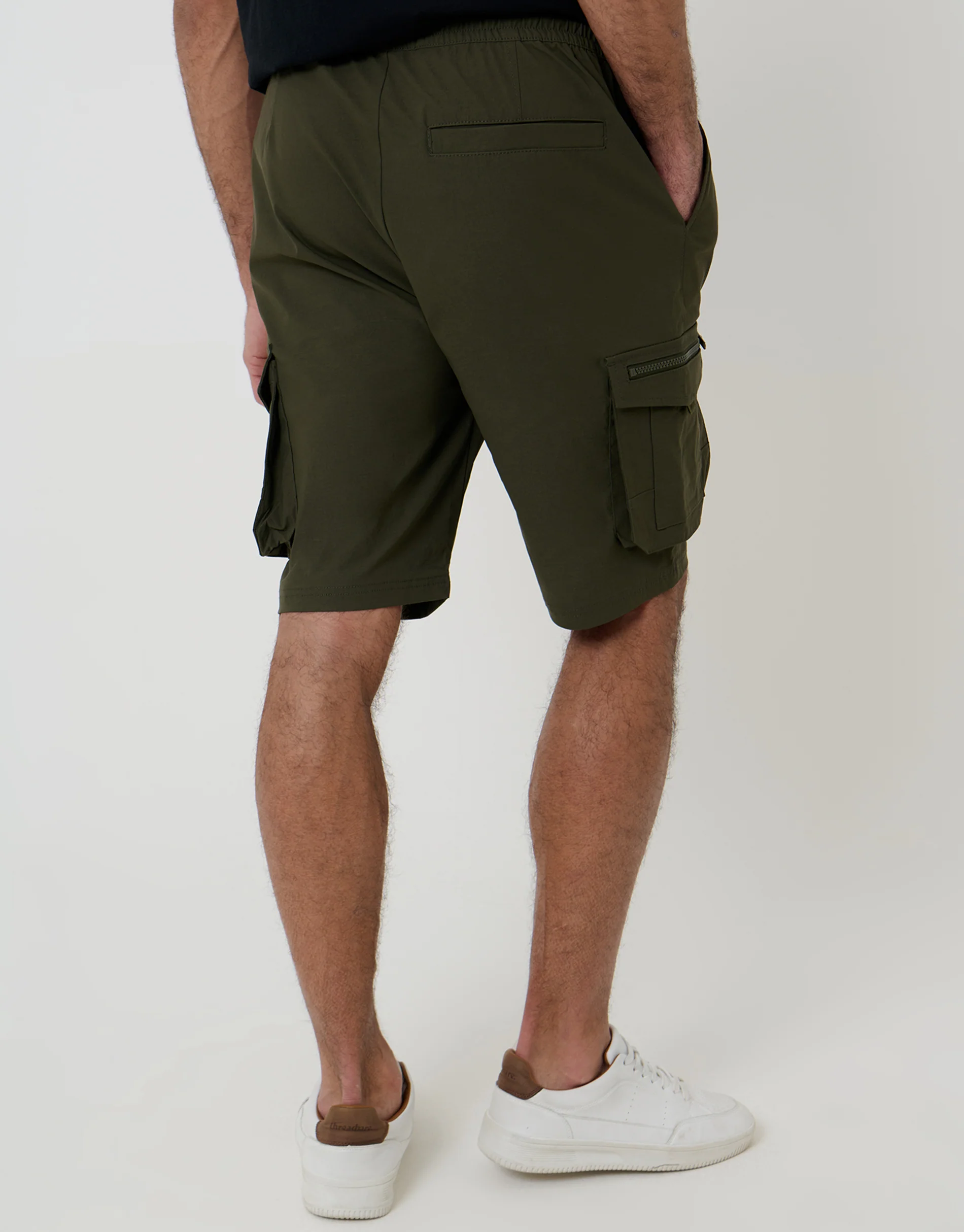 Elasticated Waist Stretch Cargo Shorts in Khaki Green - Image 3