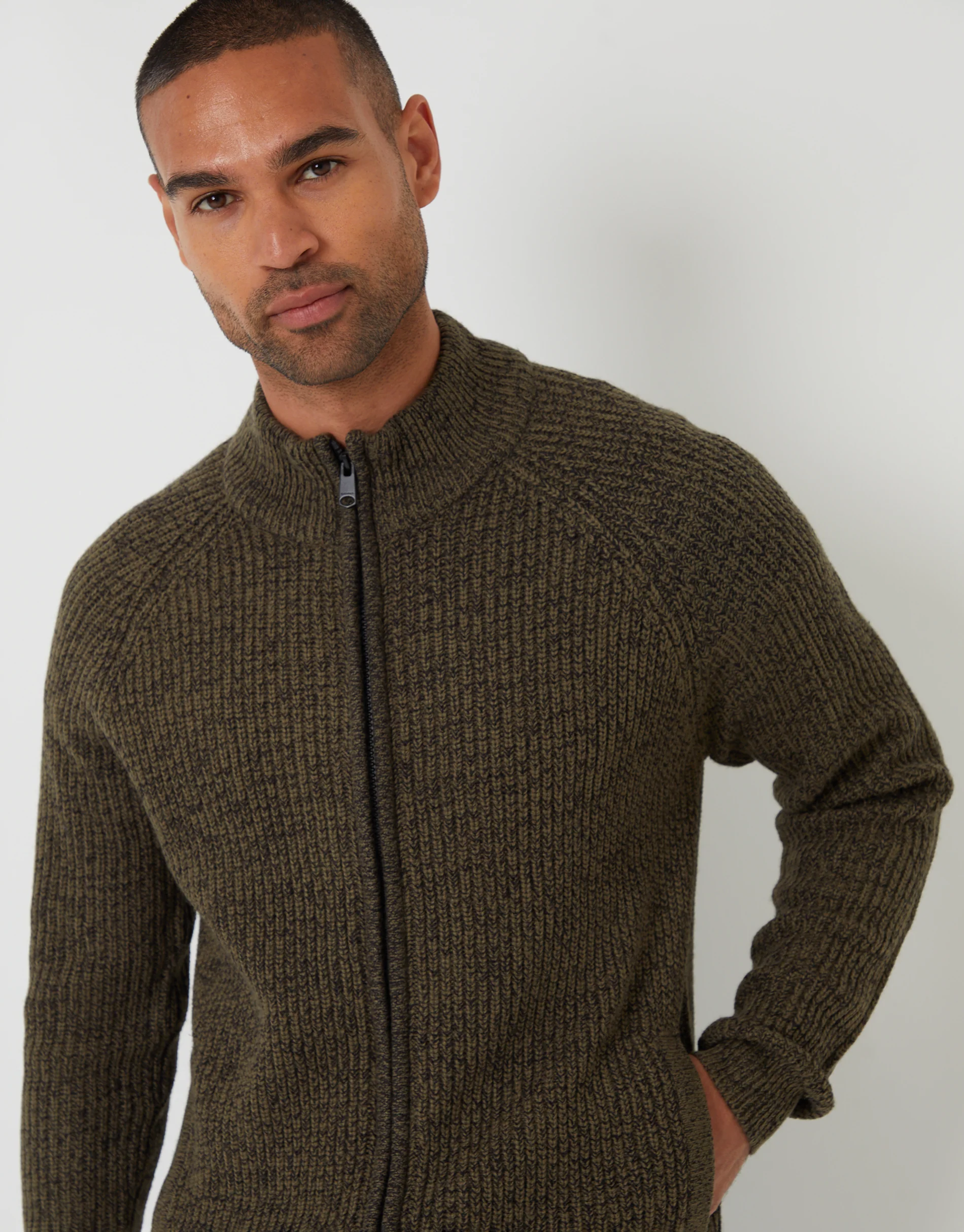 Full-Zip Cardigan in Khaki Green - Image 4