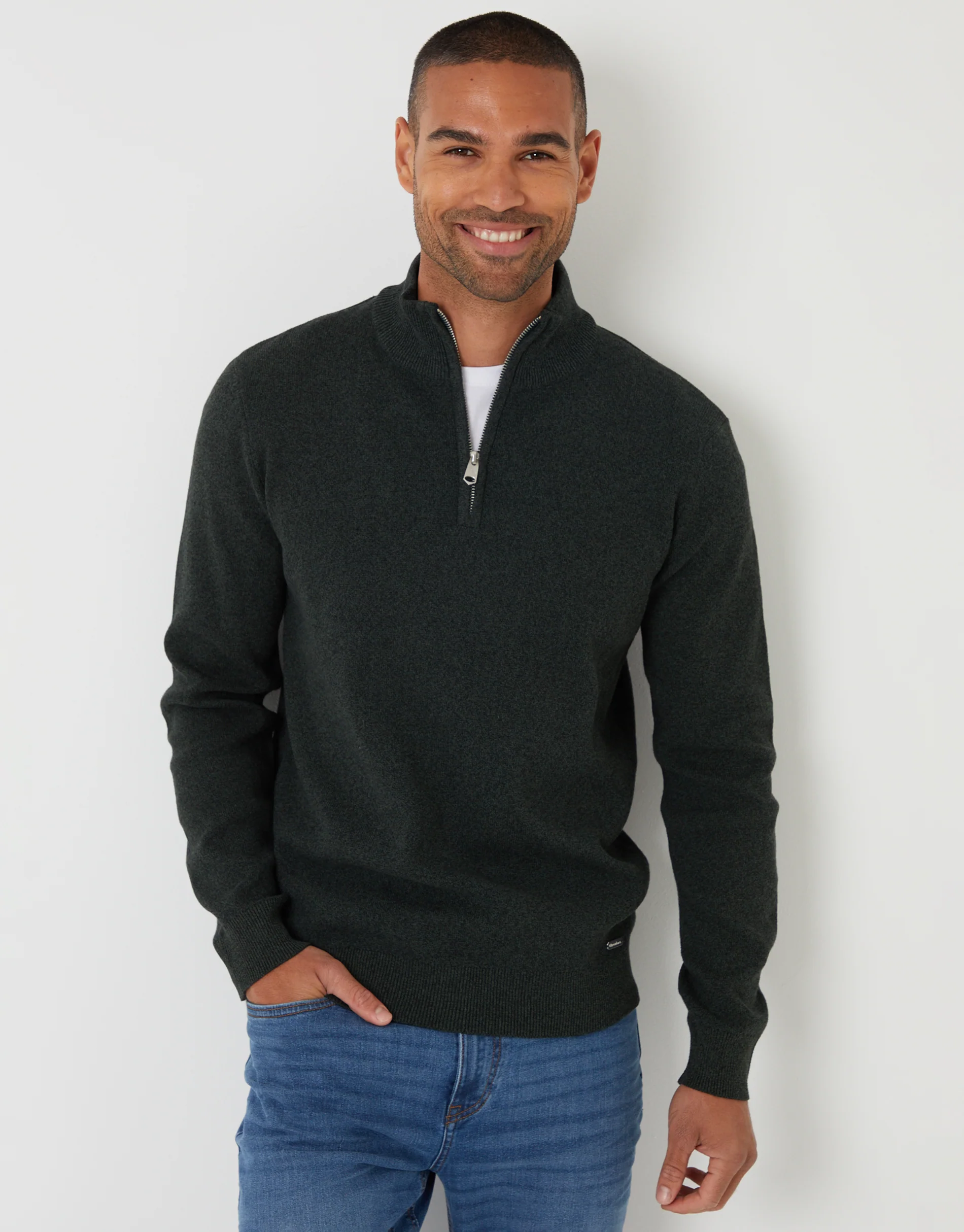 Knitted Quarter Zip Jumper in Khaki Green