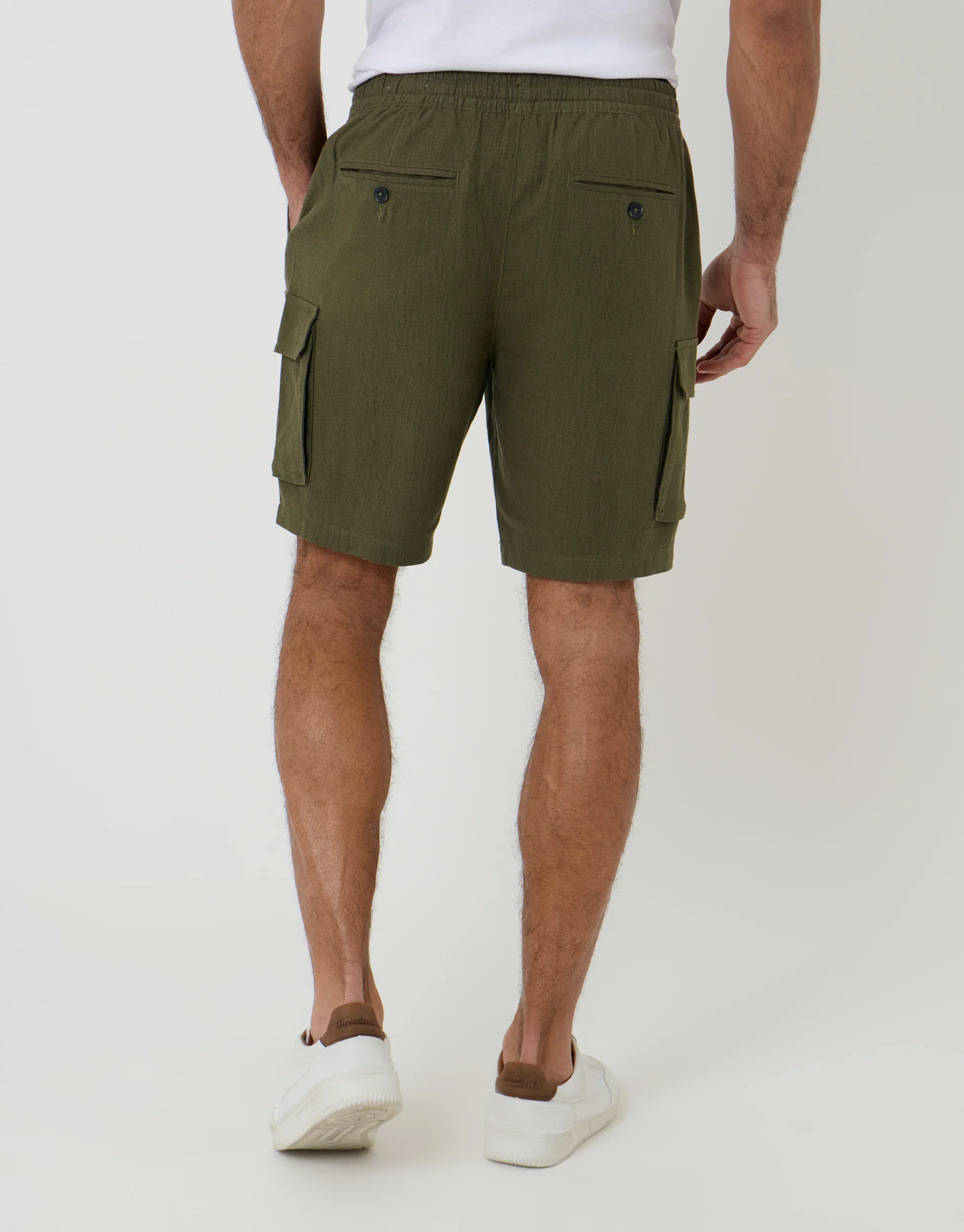 Linen Blend Cargo Shorts in Khaki Green - Image 3