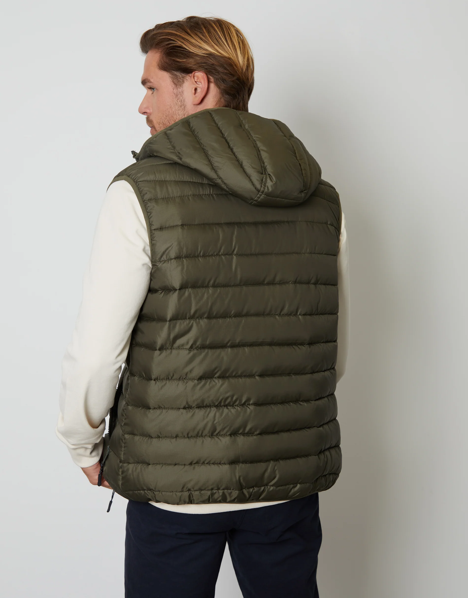 Matte Finish Padded Hooded Gilet in Khaki Green - Image 2