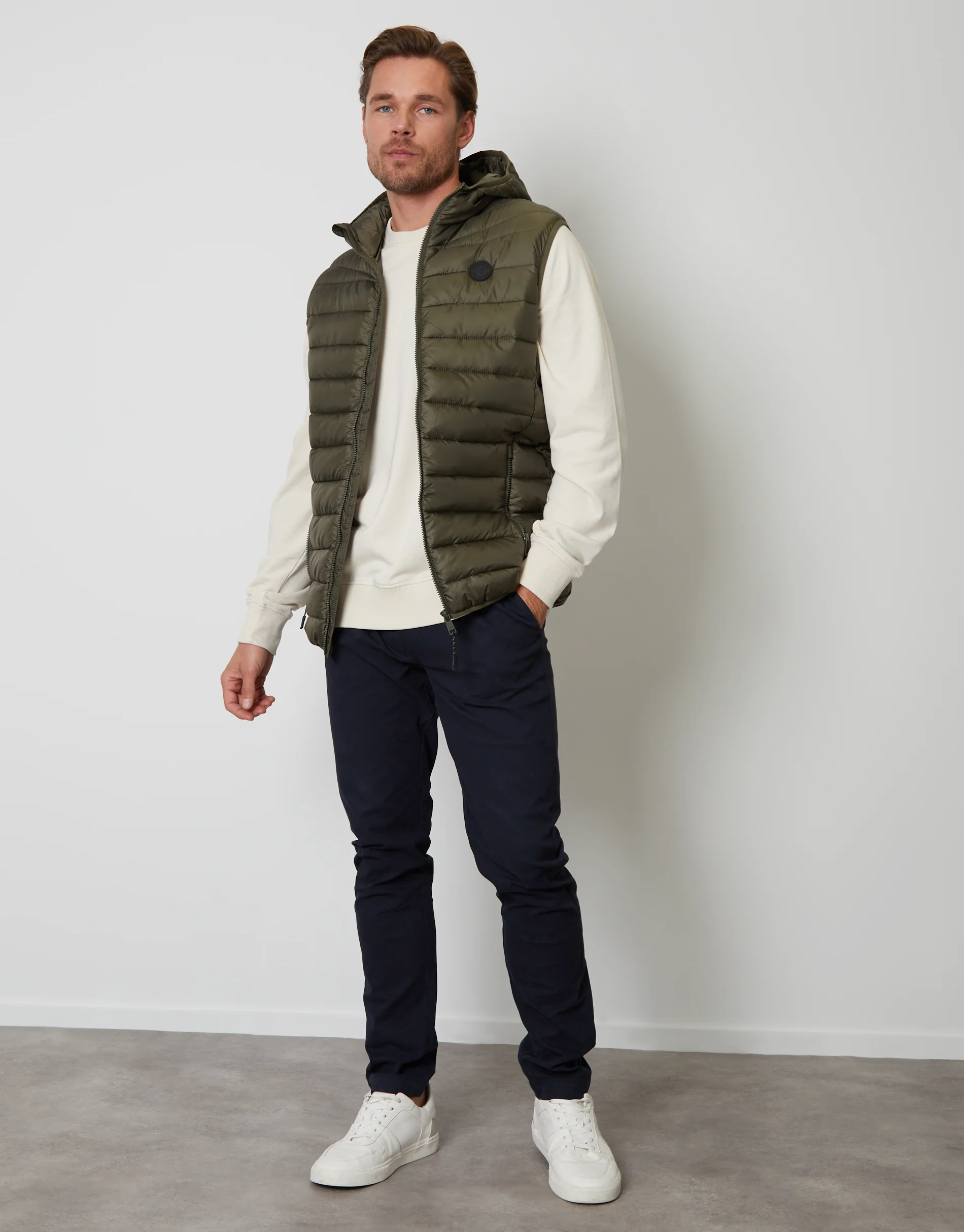 Matte Finish Padded Hooded Gilet in Khaki Green - Image 3