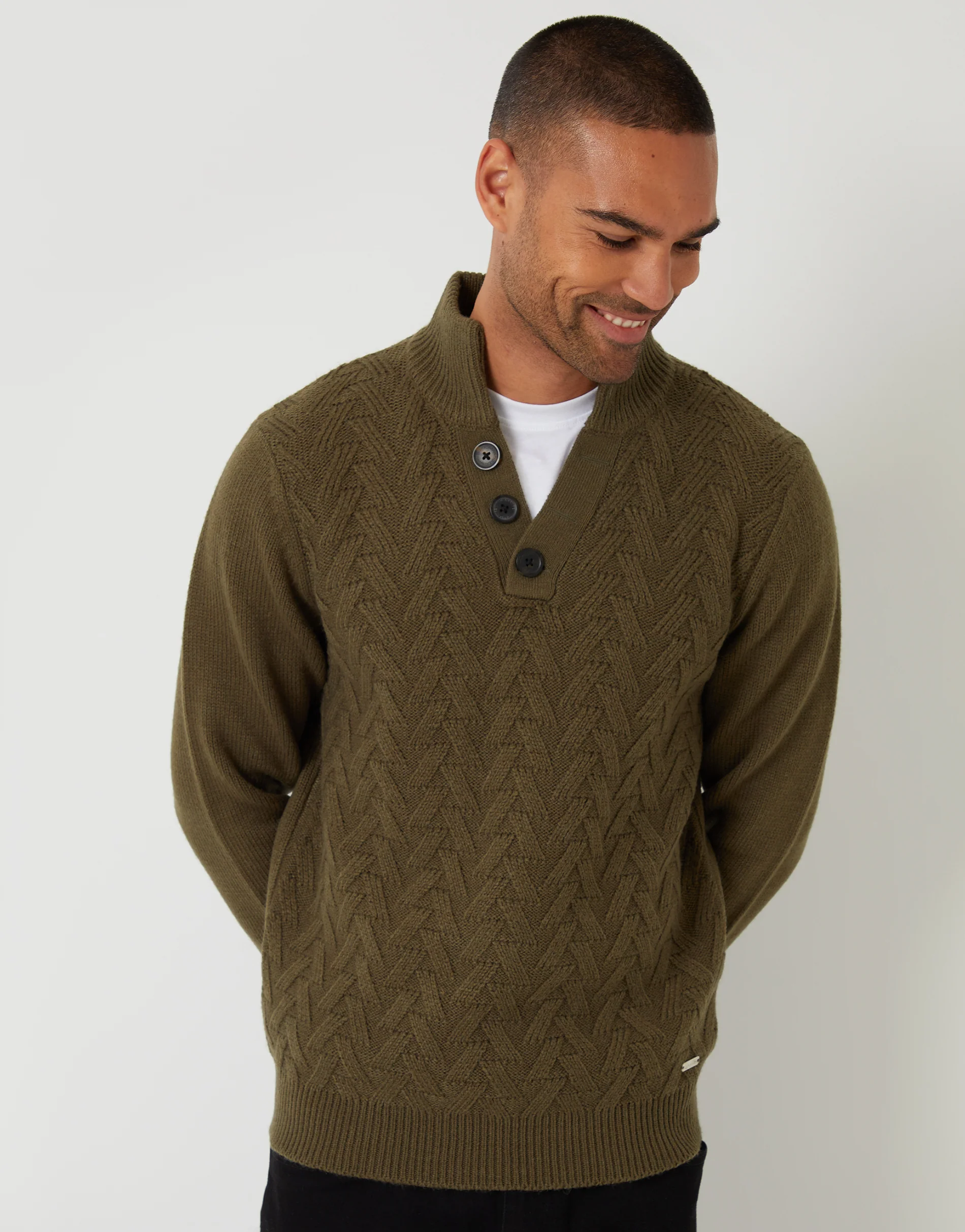 Mock Neck Funnel Neck Cable Knit Jumper in Khaki Green