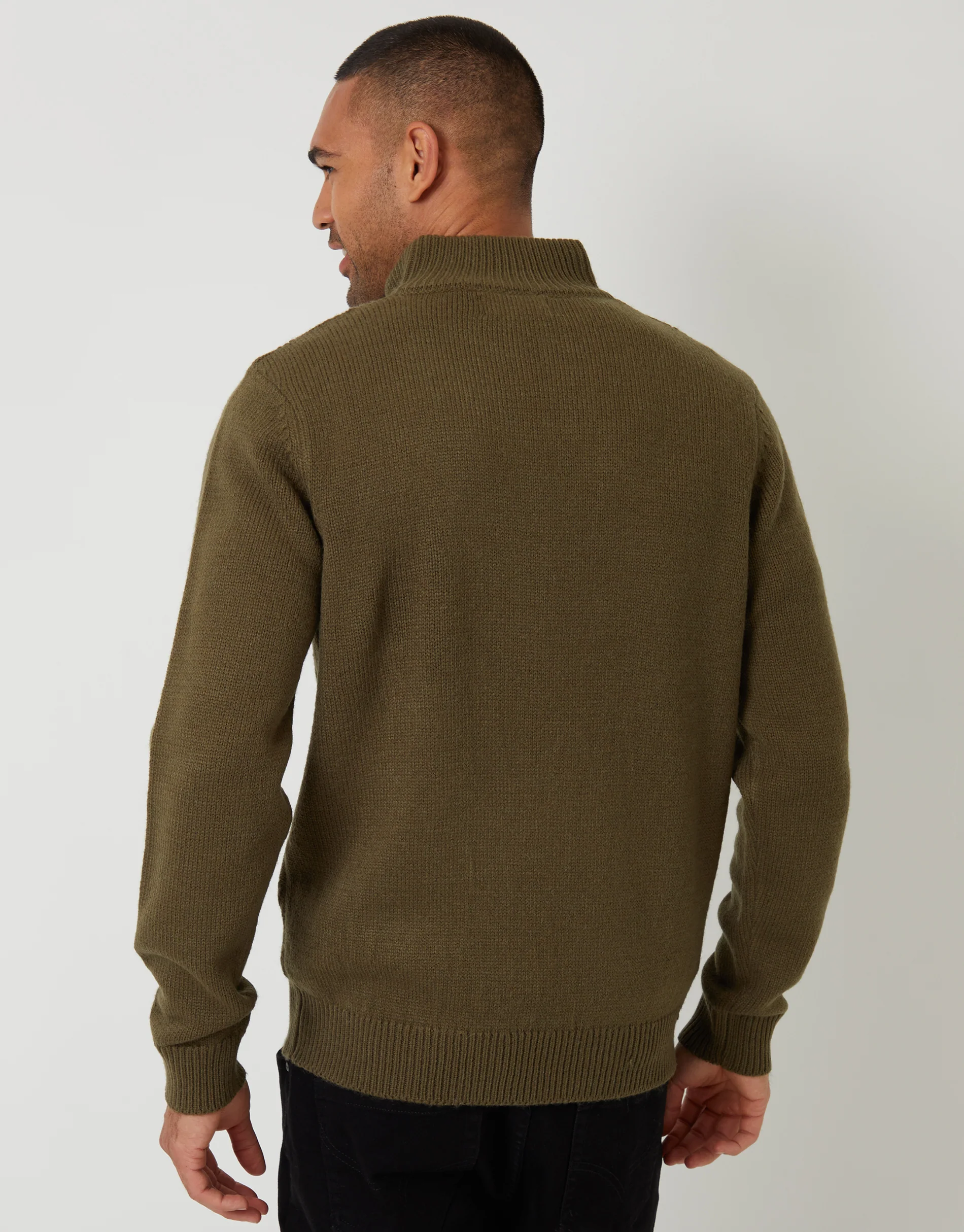 Mock Neck Funnel Neck Cable Knit Jumper in Khaki Green - Image 2