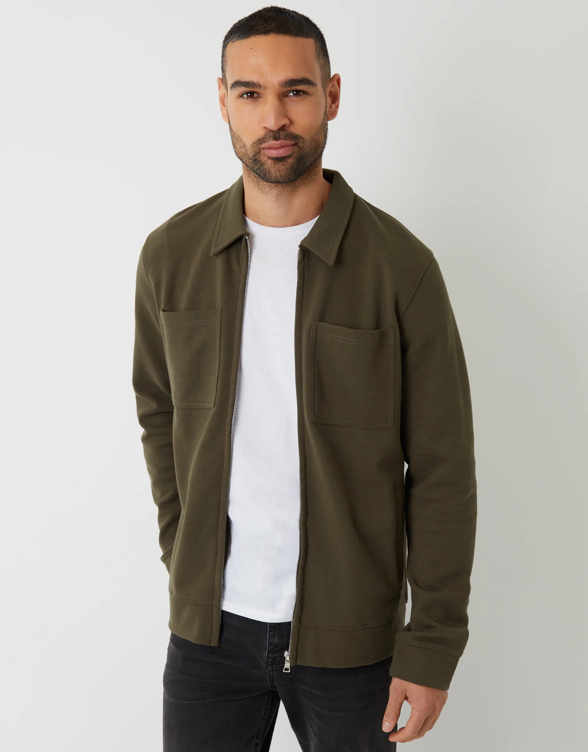 Pique Zip Through Shacket in Khaki Green