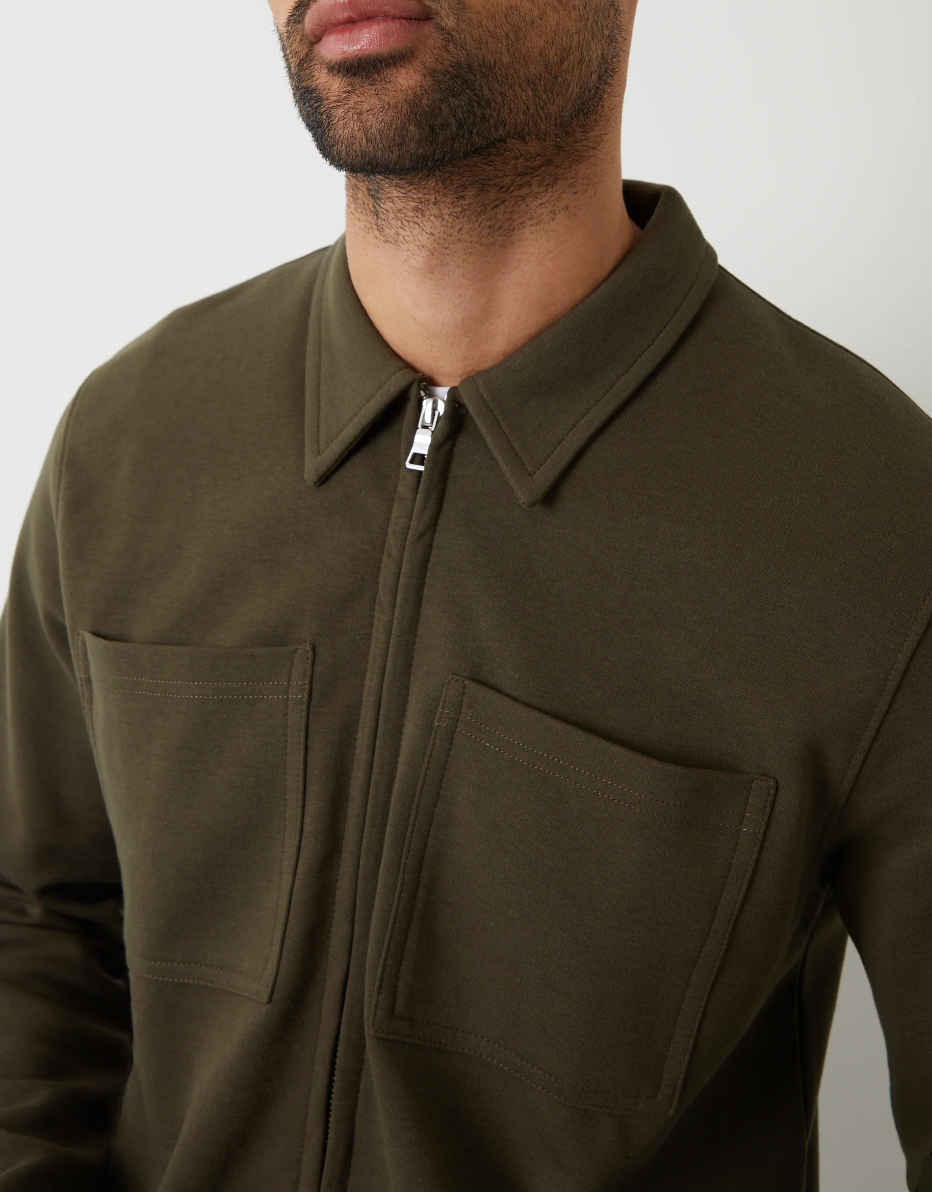 Pique Zip Through Shacket in Khaki Green - Image 4