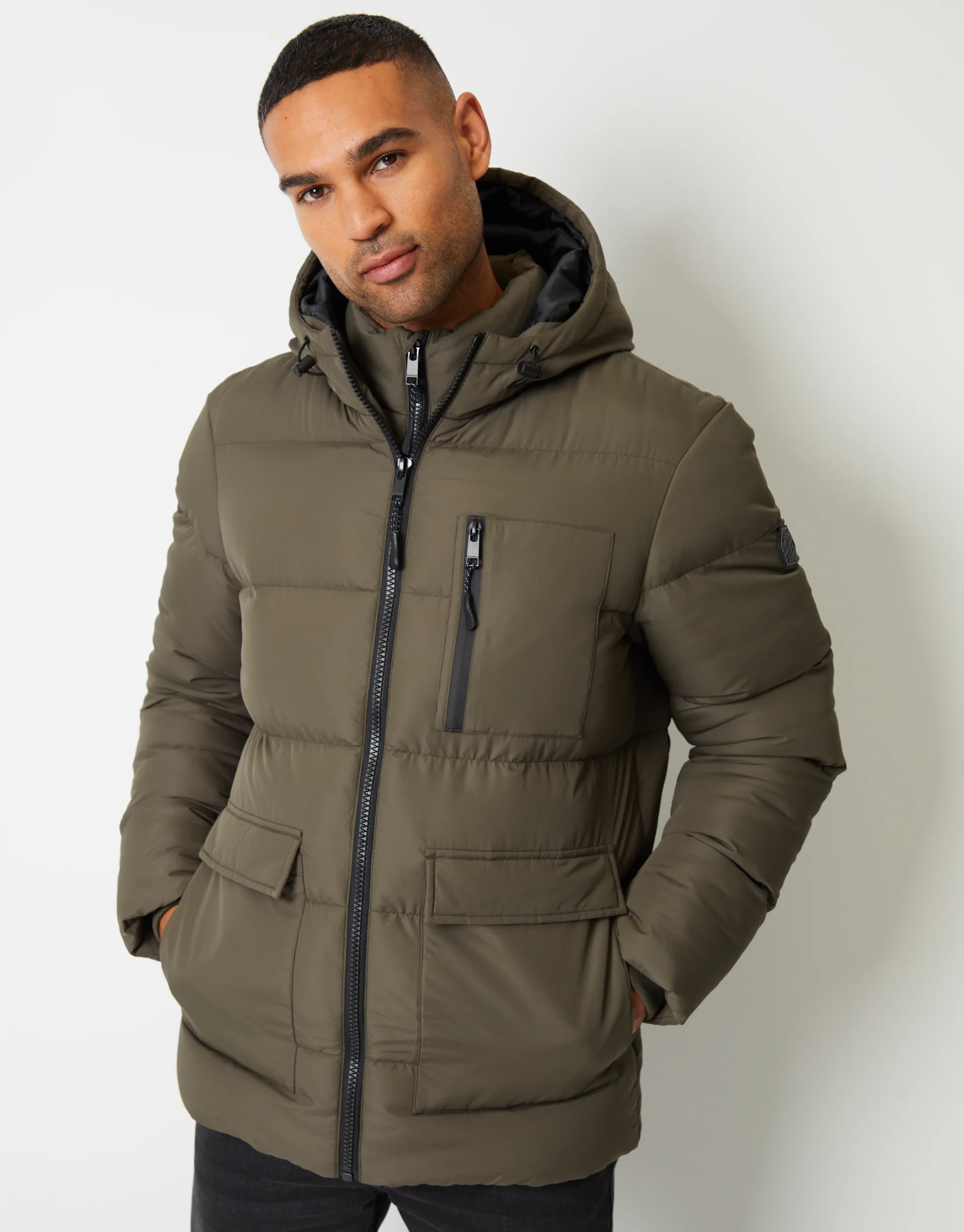 Showerproof Double Layer Puffer Jacket in Khaki Green