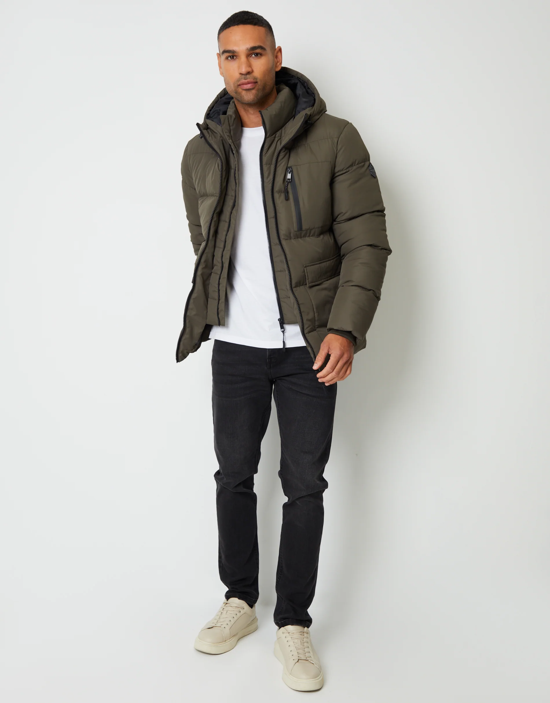 Showerproof Double Layer Puffer Jacket in Khaki Green - Image 2