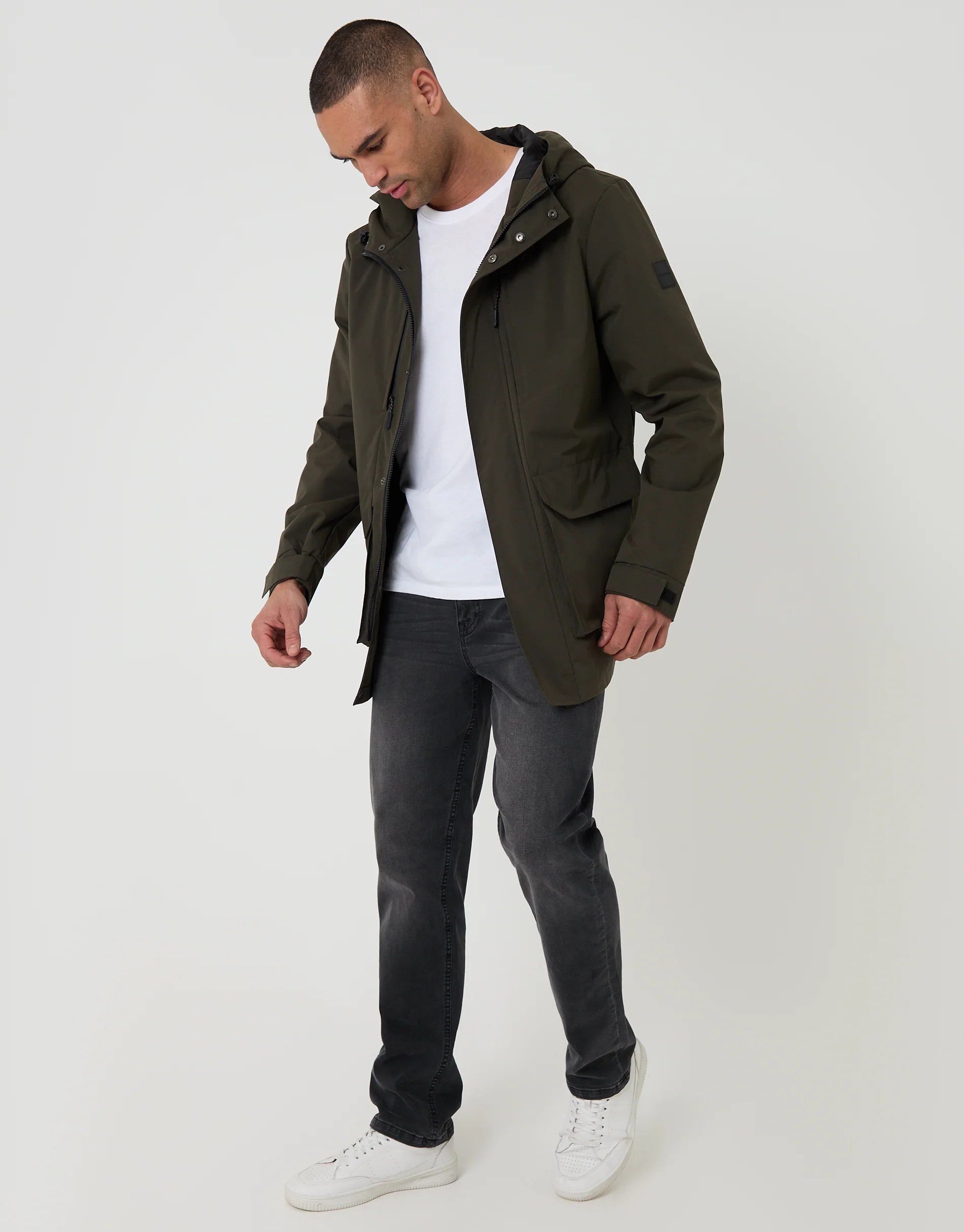 Showerproof Hooded Coat in Khaki Green - Image 3