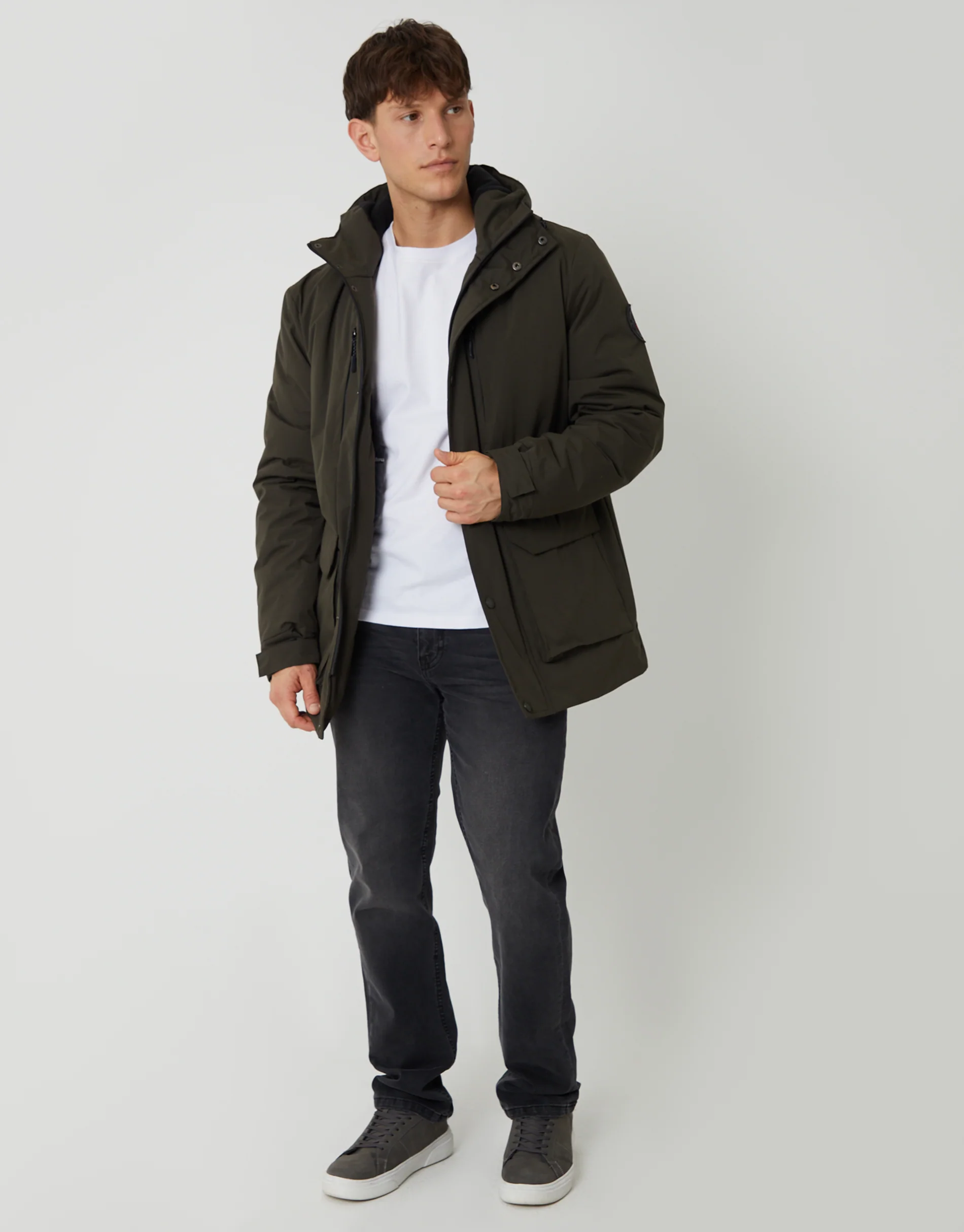 Showerproof Padded Hooded Coat in Khaki Green - Image 3