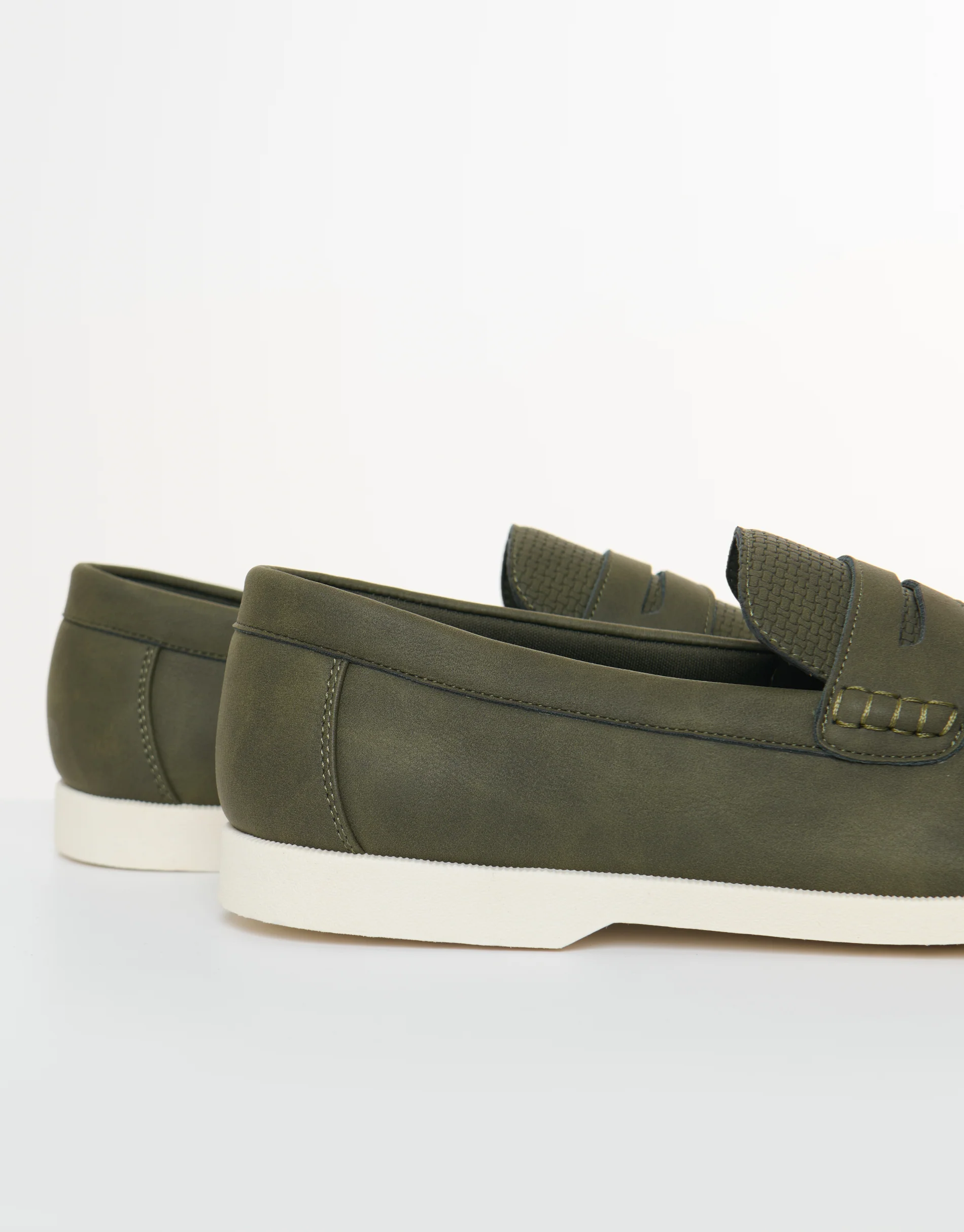 Textured Faux Suede Penny Loafers in Khaki Green - Image 3