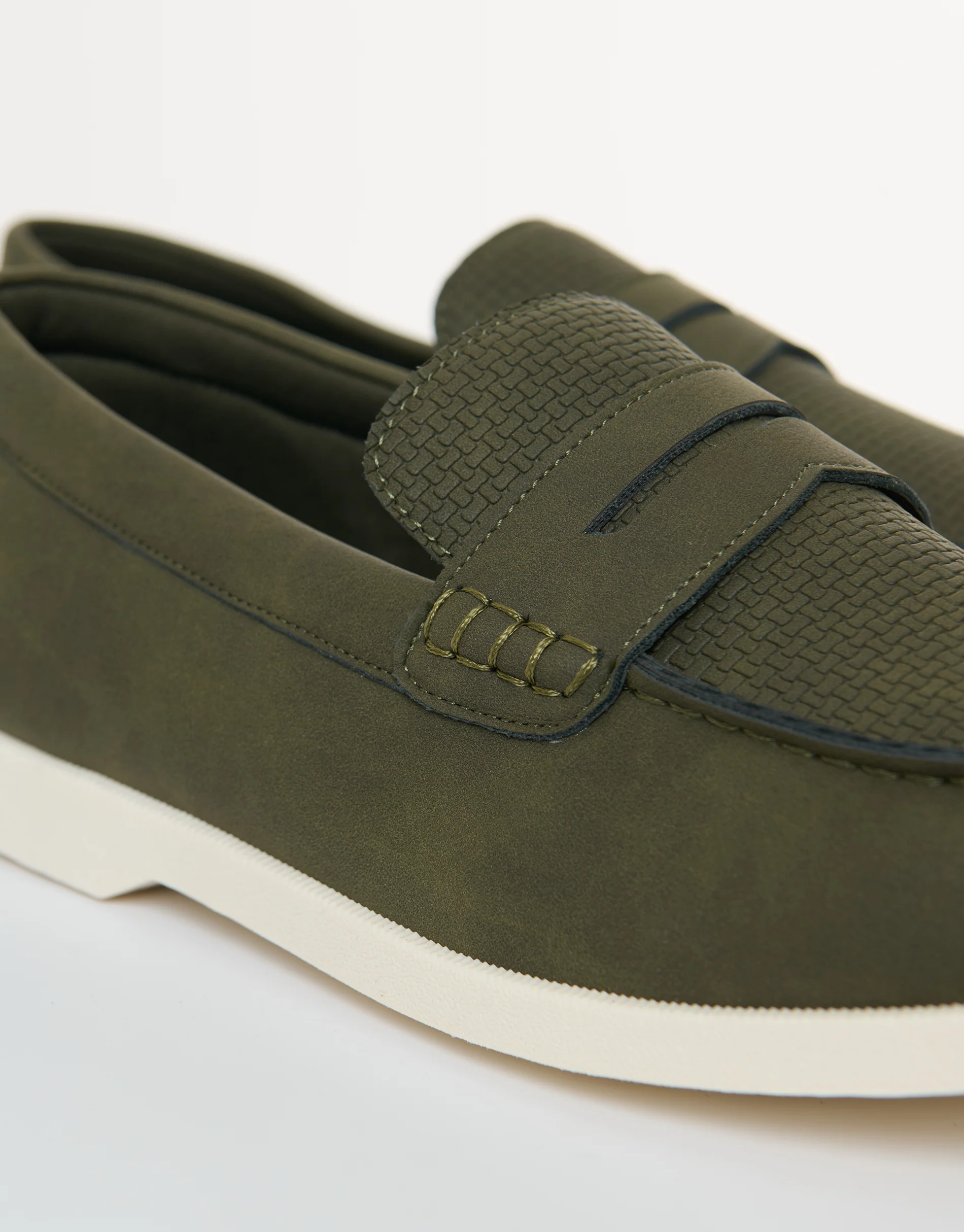 Textured Faux Suede Penny Loafers in Khaki Green - Image 4