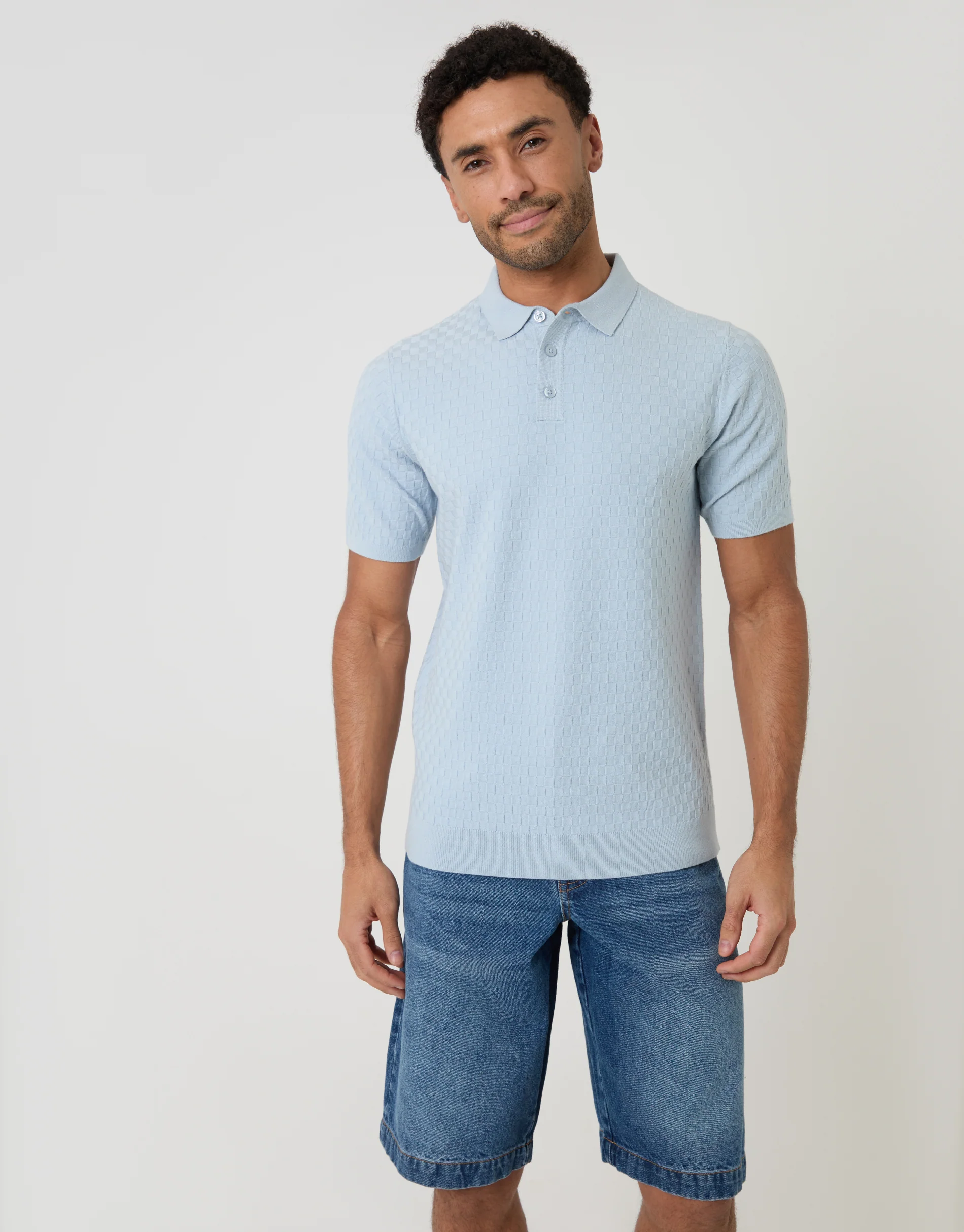 Basket Stitch Knitted Polo in Light Blue
