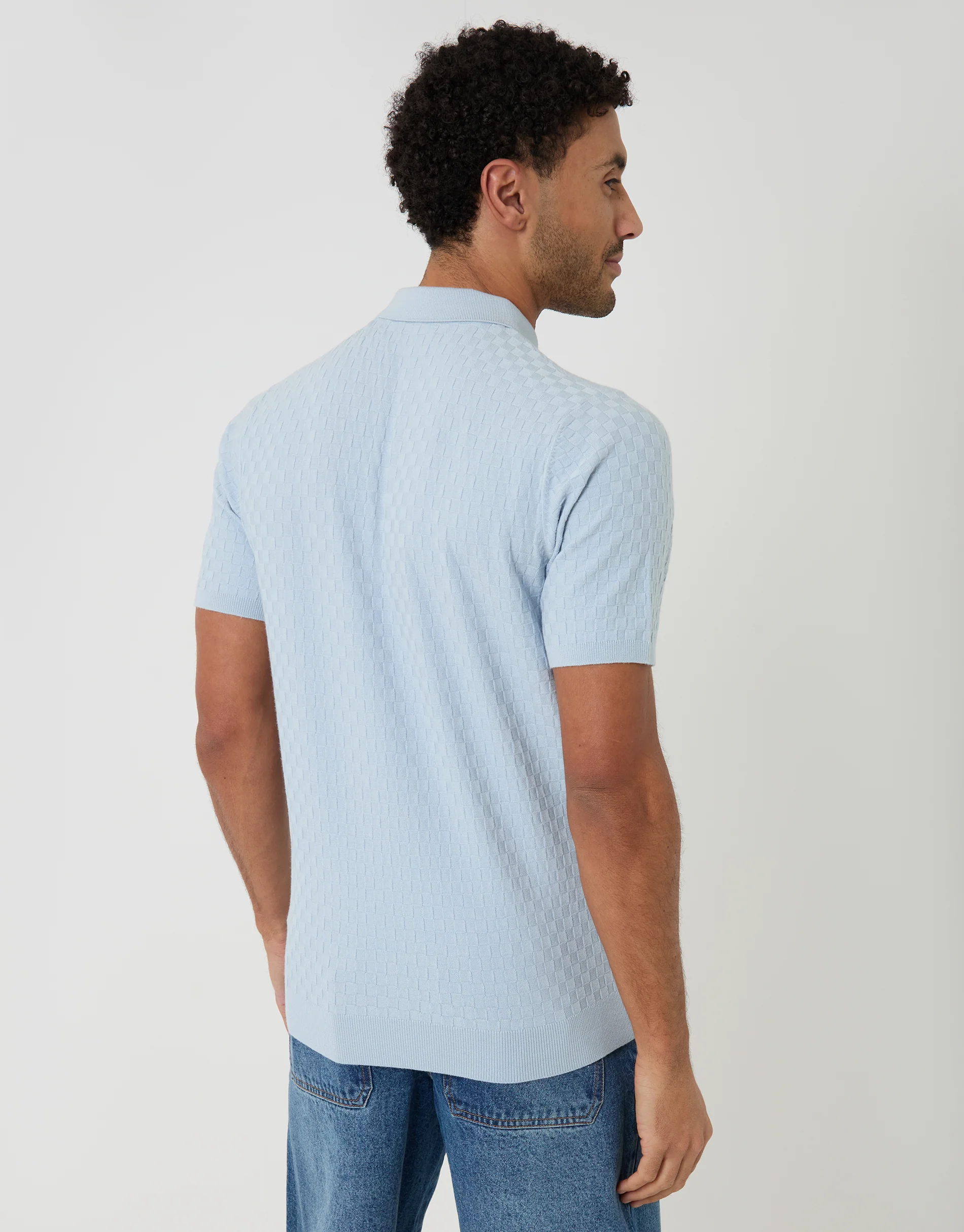 Basket Stitch Knitted Polo in Light Blue - Image 2