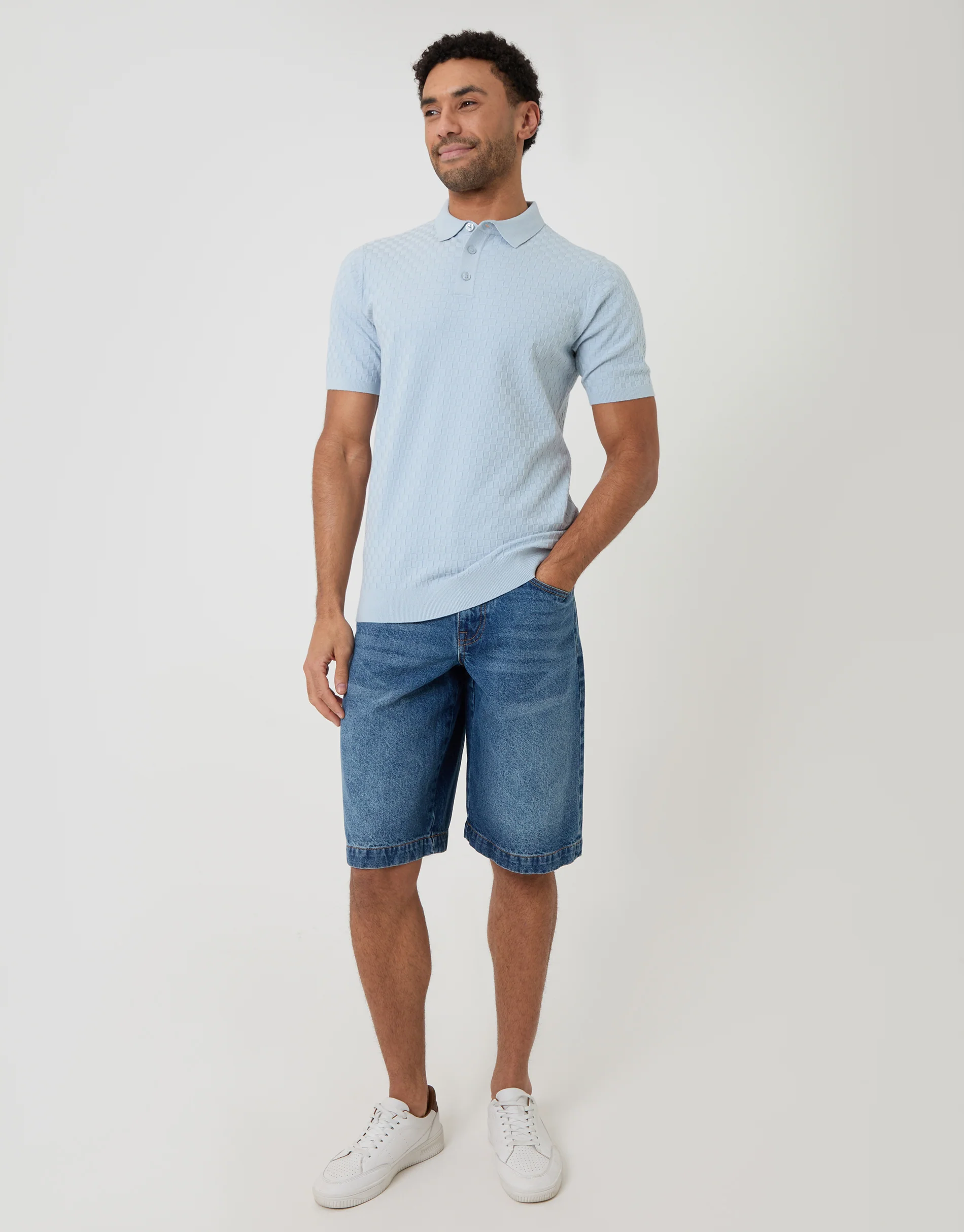 Basket Stitch Knitted Polo in Light Blue - Image 3