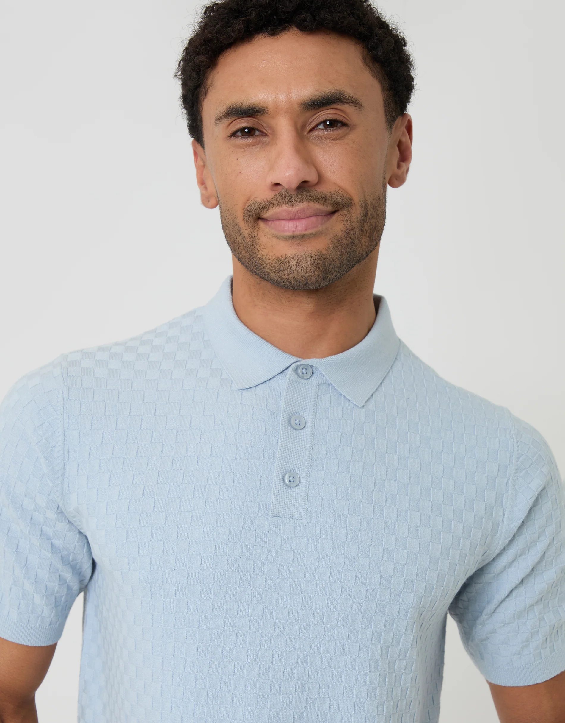 Basket Stitch Knitted Polo in Light Blue - Image 4
