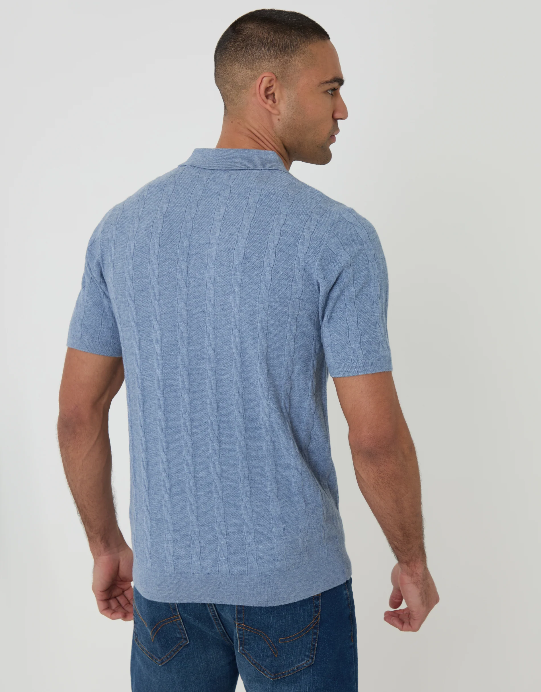Cable Stripe Knitted Button Polo in Light Blue - Image 2