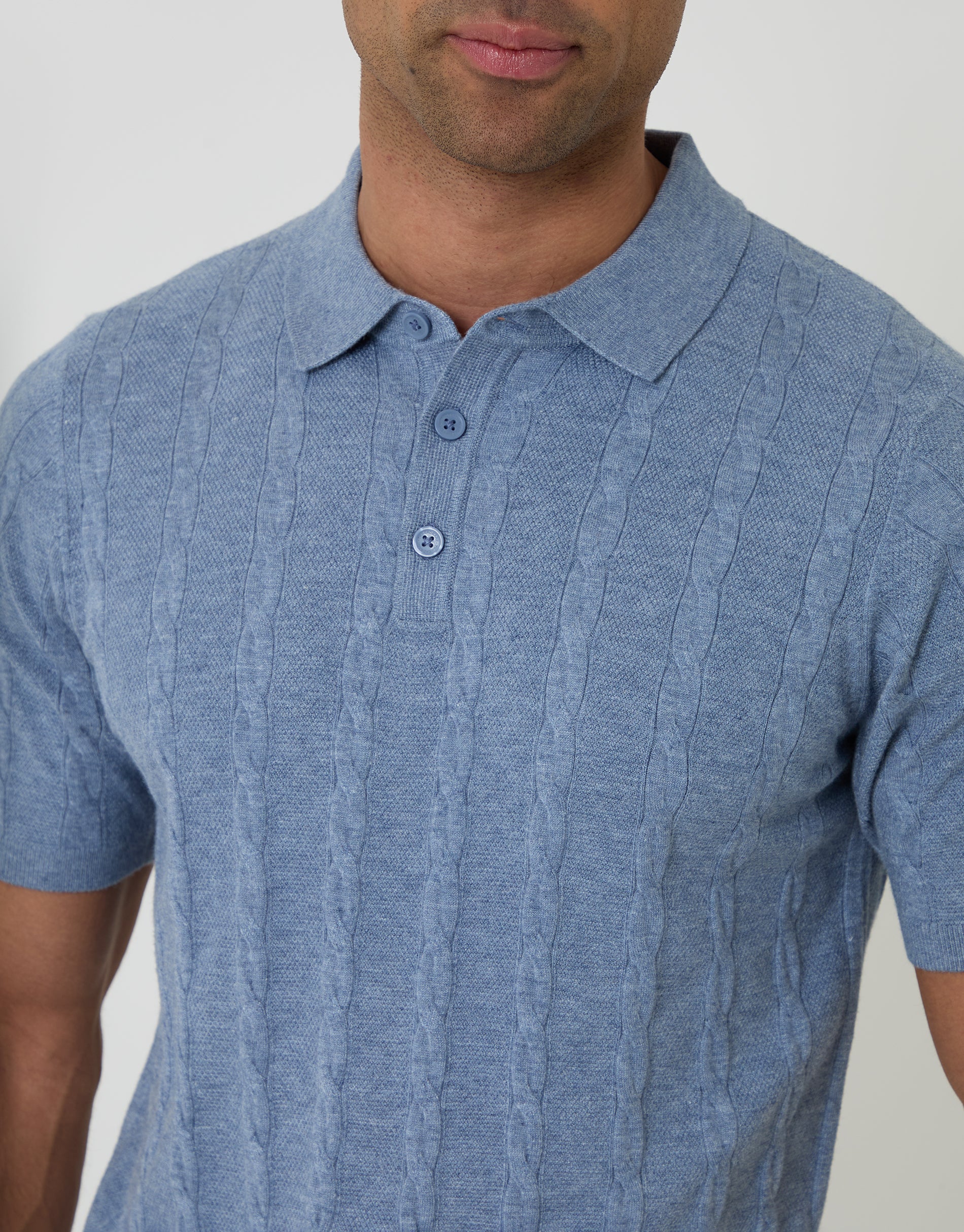 Cable Stripe Knitted Button Polo in Light Blue - Image 4