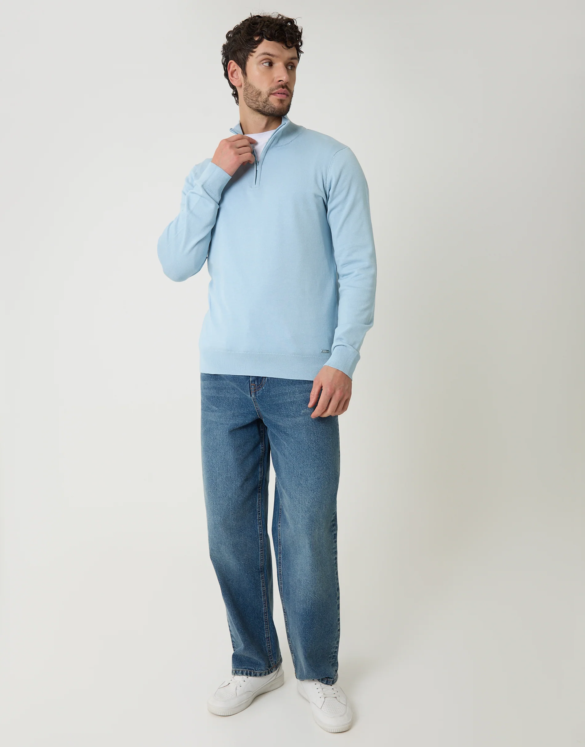 Funnel Neck Quarter Zip Knitted Jumper in Light Blue - Image 3