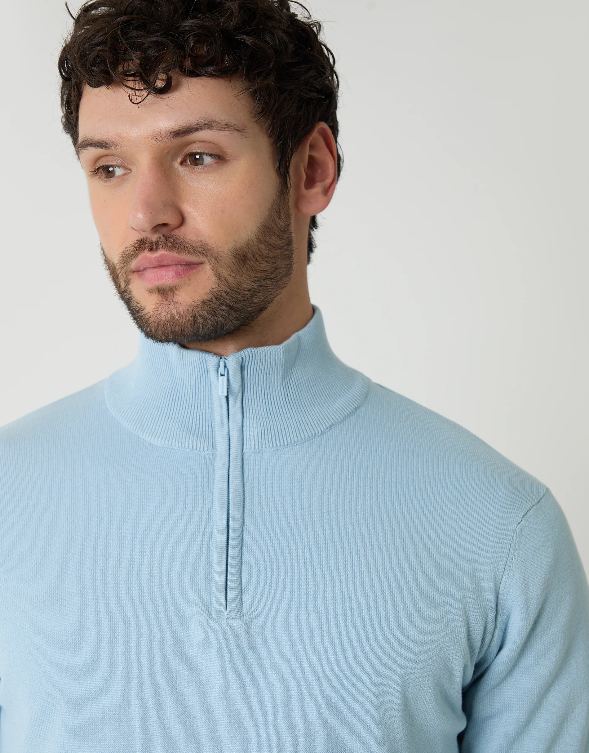 Funnel Neck Quarter Zip Knitted Jumper in Light Blue - Image 4