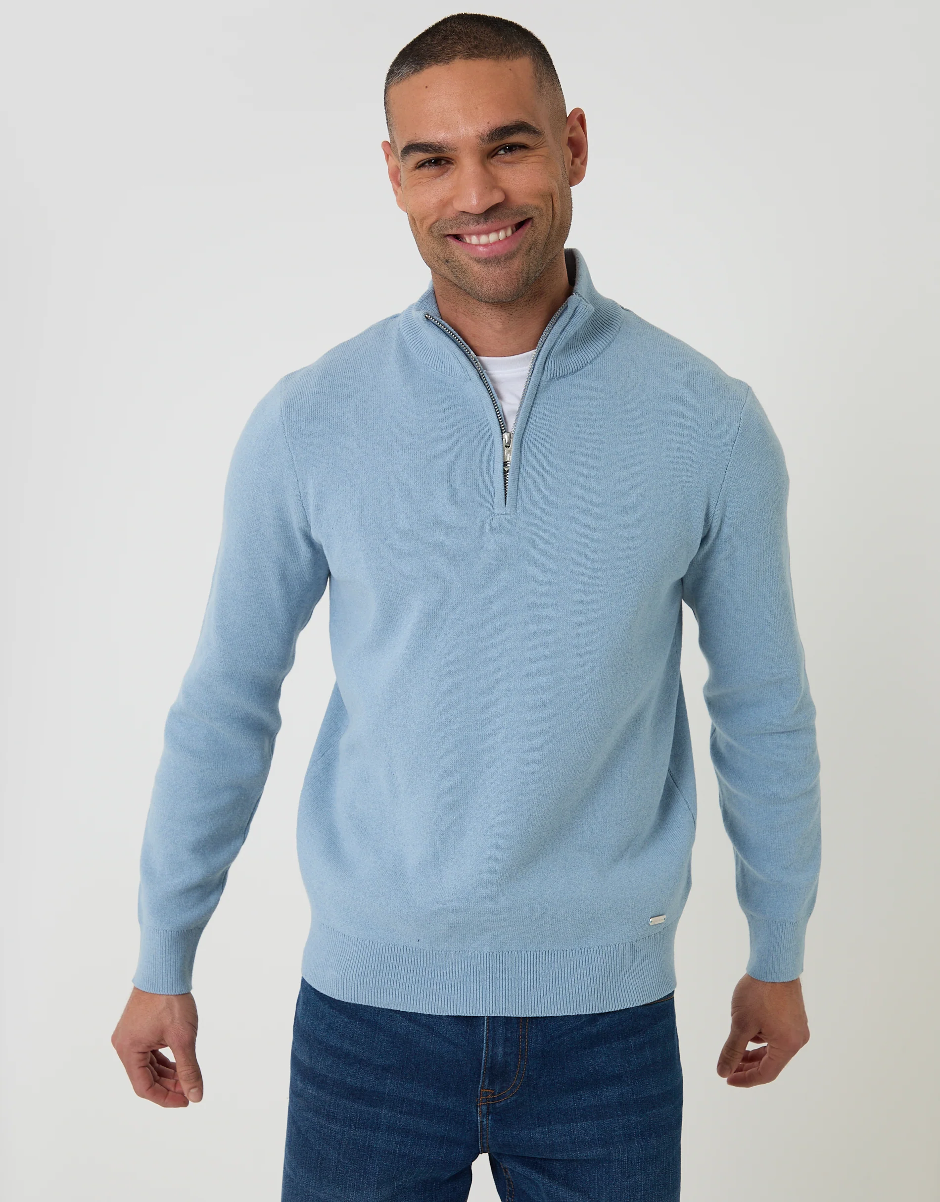 Knitted Quarter Zip Jumper in Light Blue