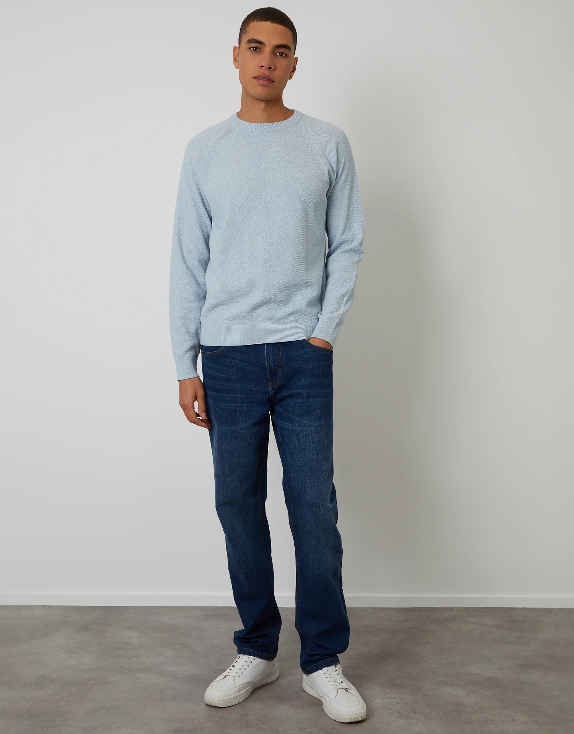 Raglan Knitted Crew Neck Jumper in Light Blue Marl - Image 3