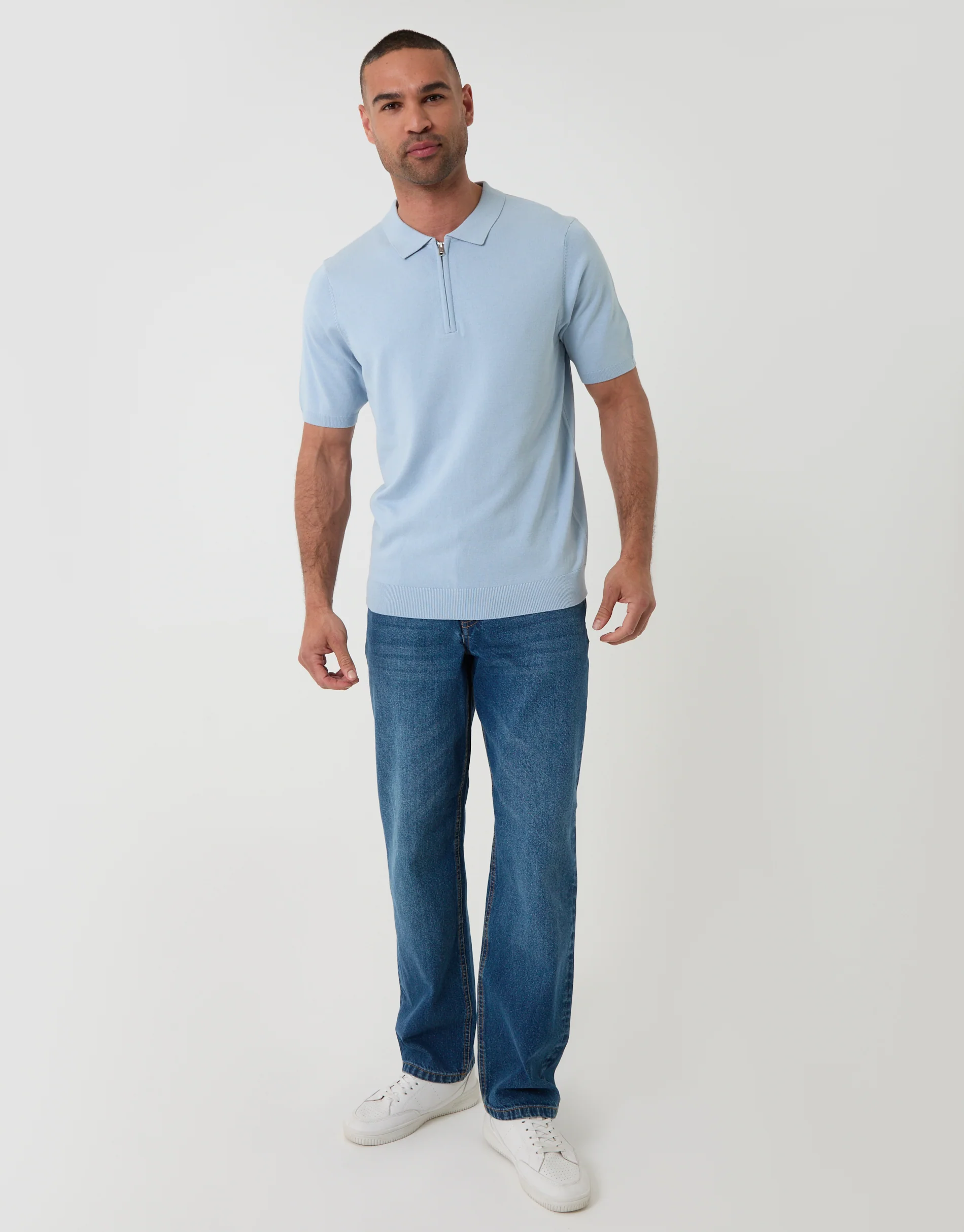 Quarter Zip Knitted Polo in Light Blue - Image 4