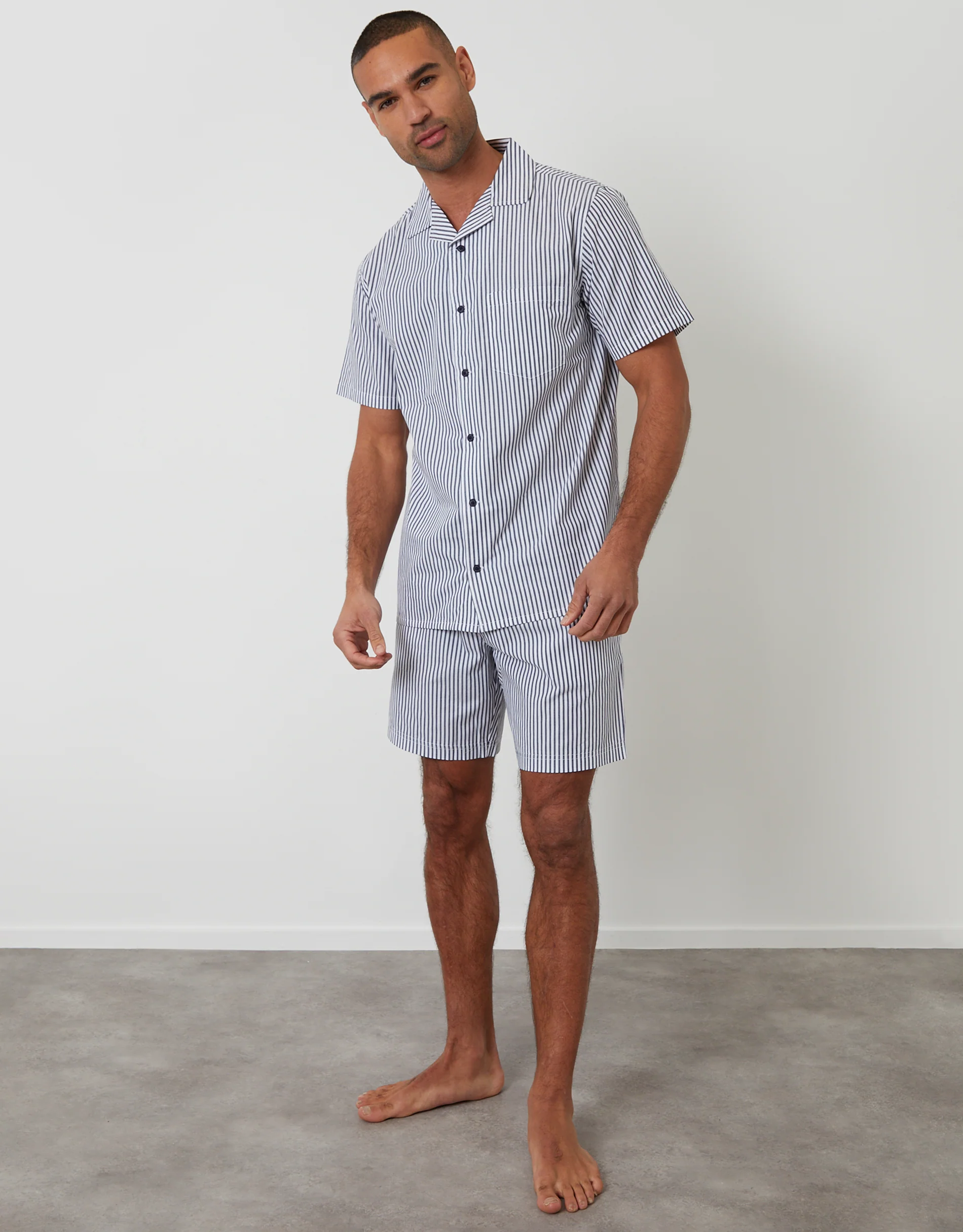 Short Sleeve Shirt & Shorts Pyjama Set in Light Blue Stripe - Image 3