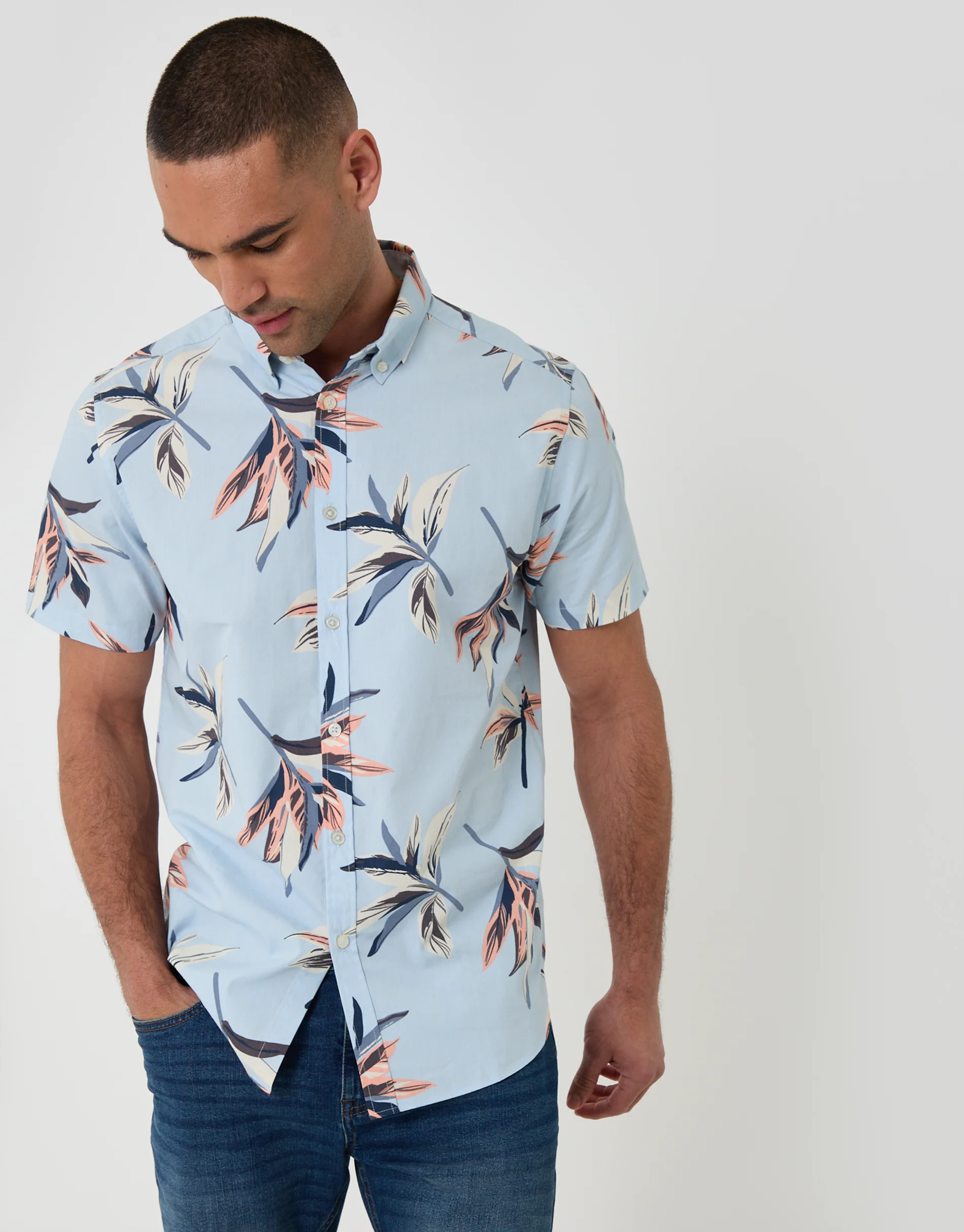 Tropical Leaf Print Cotton Short Sleeve Shirt in Light Blue - Image 2