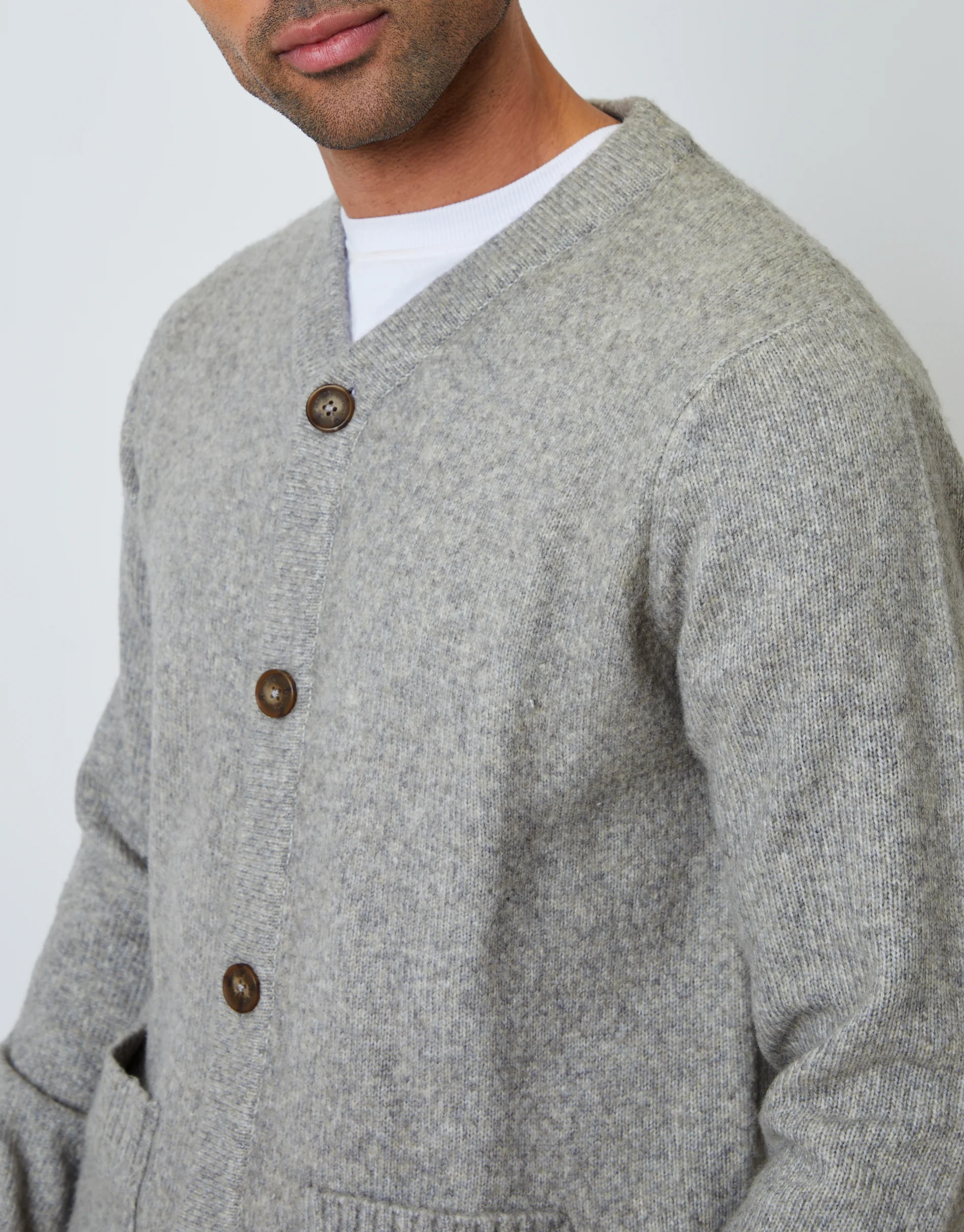Knitted Button Up Patch Pocket Cardigan in Light Grey - Image 4