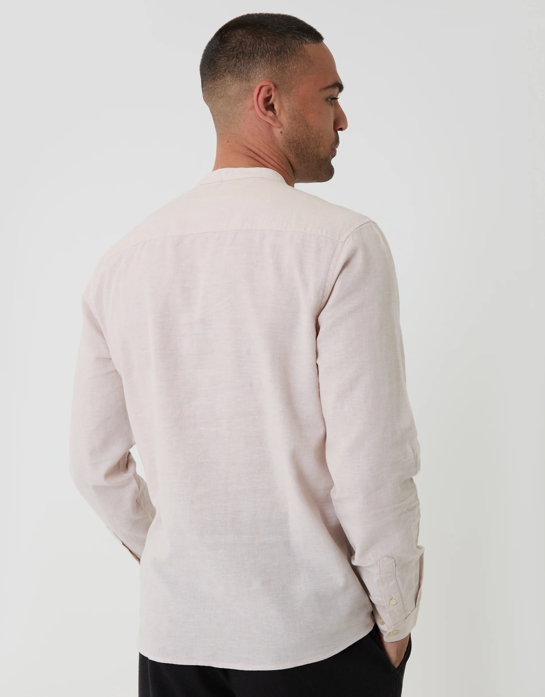 Grandad Collar Linen Blend Long Sleeve Shirt in Light Stone - Image 2