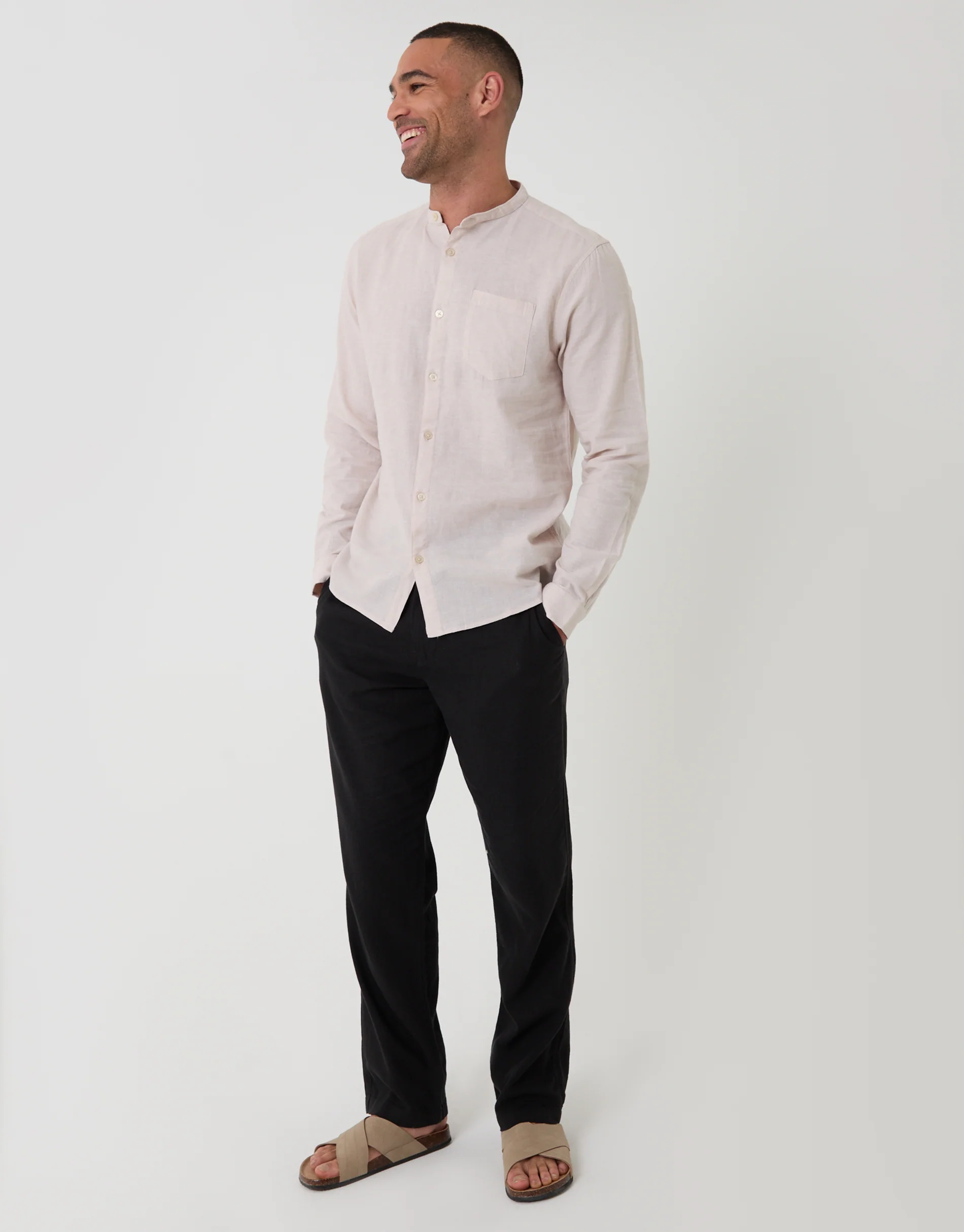 Grandad Collar Linen Blend Long Sleeve Shirt in Light Stone - Image 3