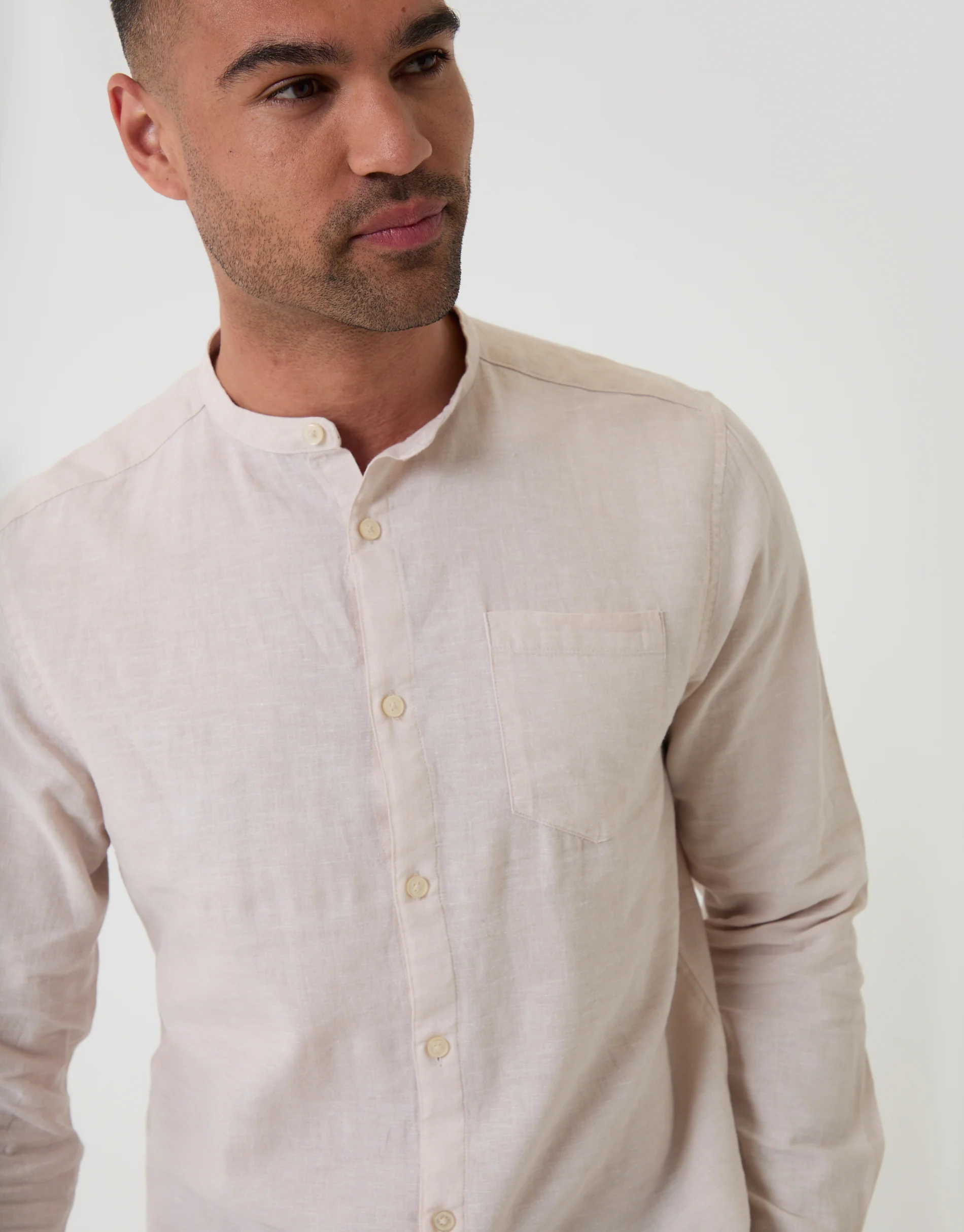 Grandad Collar Linen Blend Long Sleeve Shirt in Light Stone - Image 4