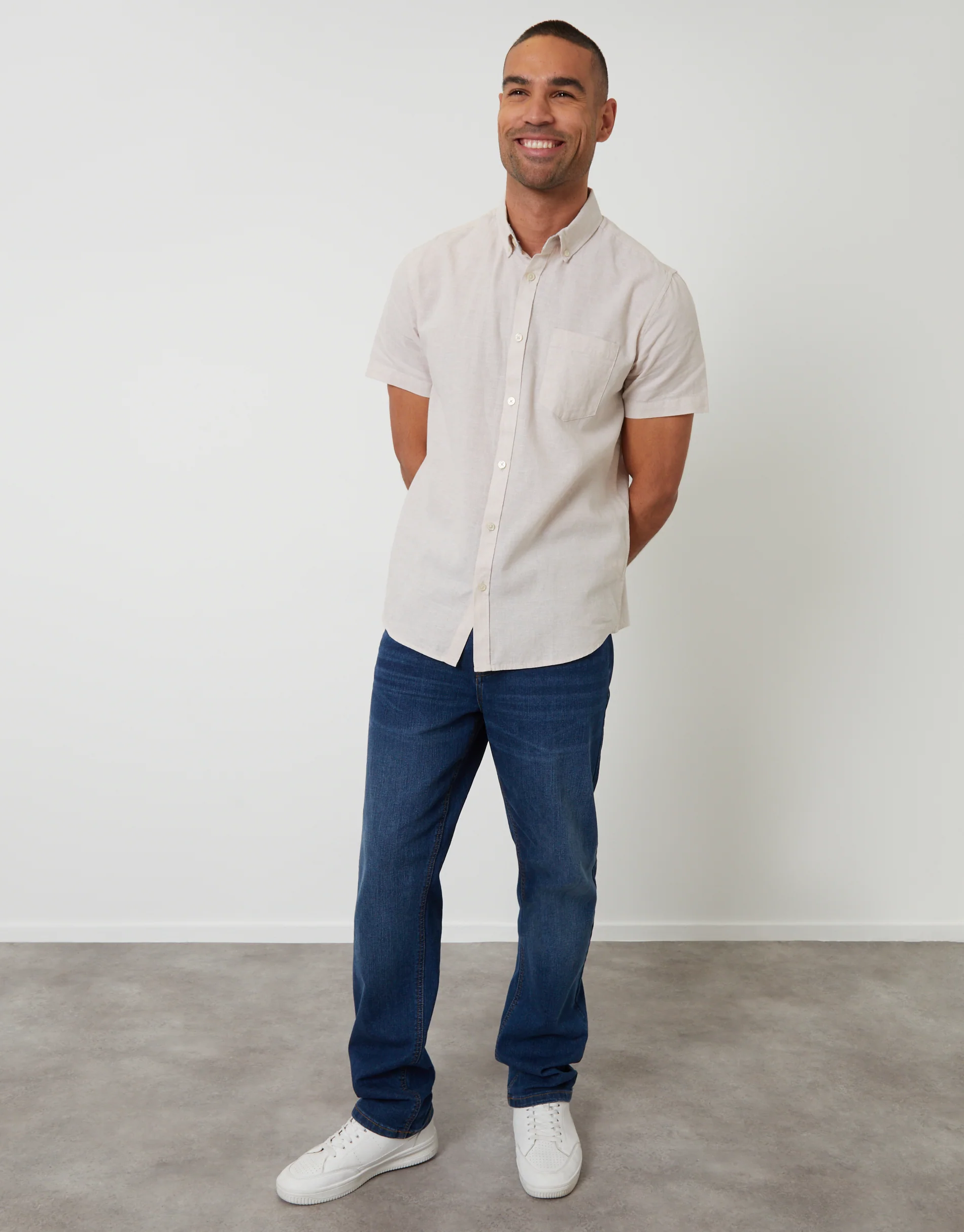 Short Sleeve Linen Blend Shirt in Light Stone - Image 3