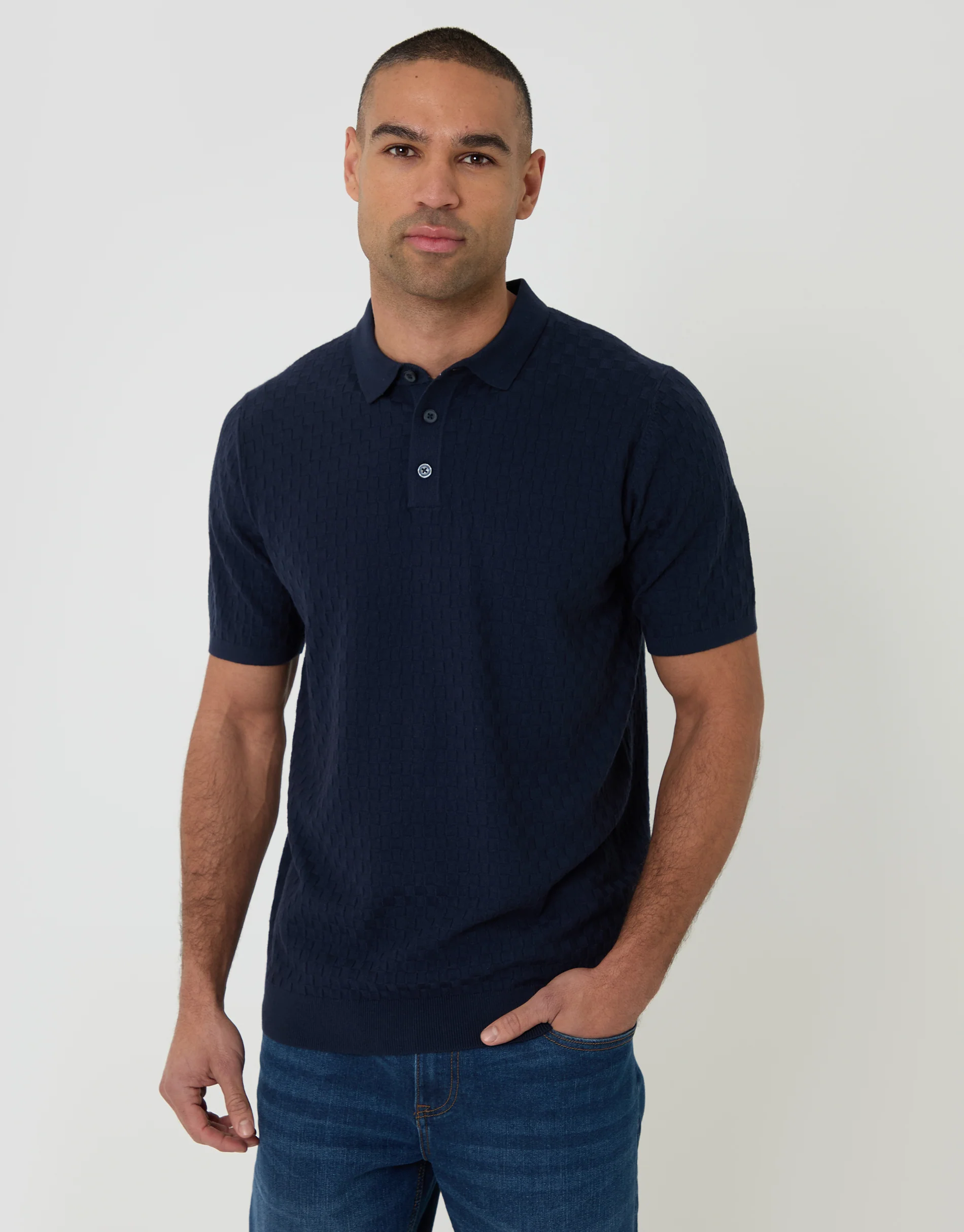 Basket Stitch Knitted Polo in Navy