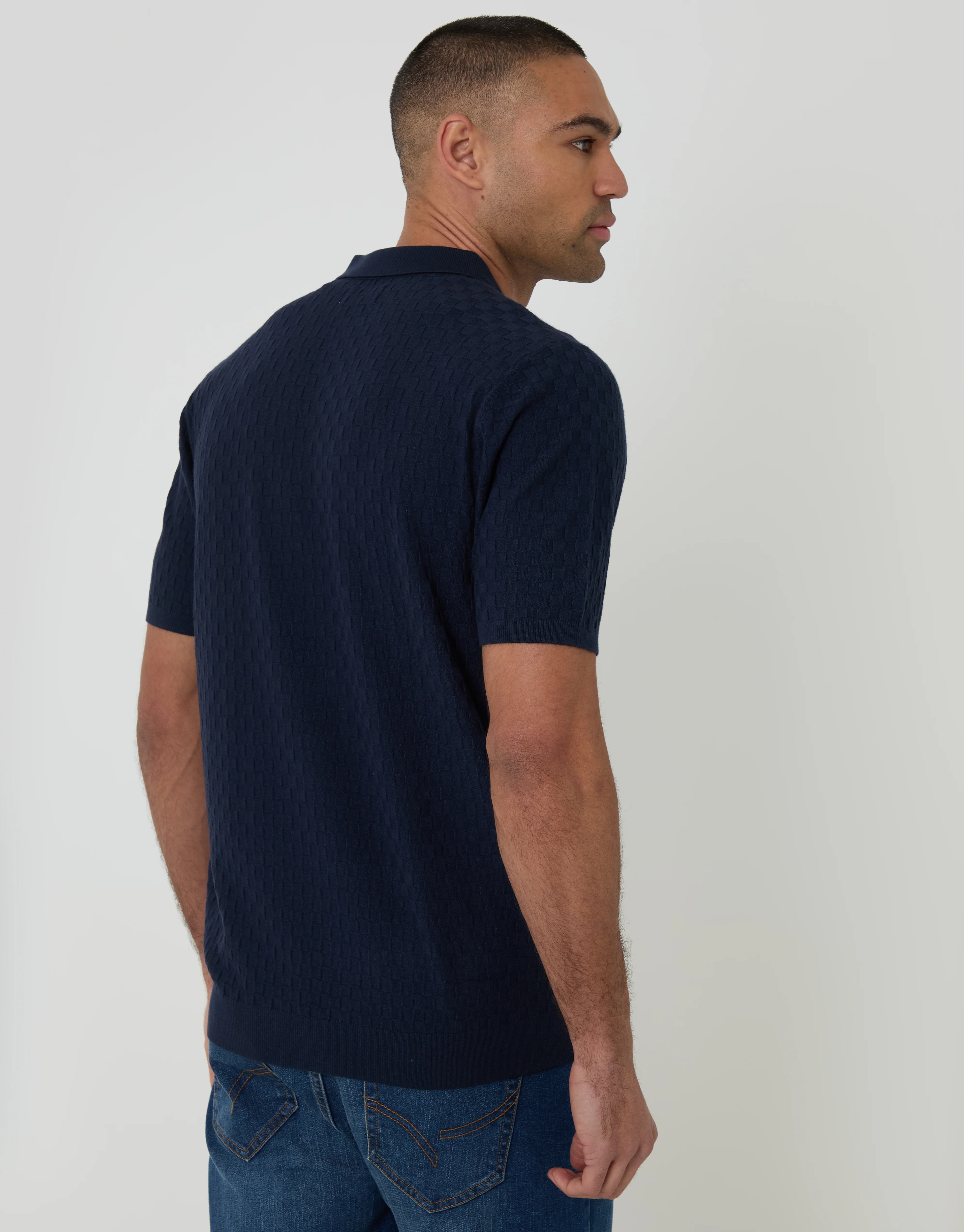 Basket Stitch Knitted Polo in Navy - Image 2