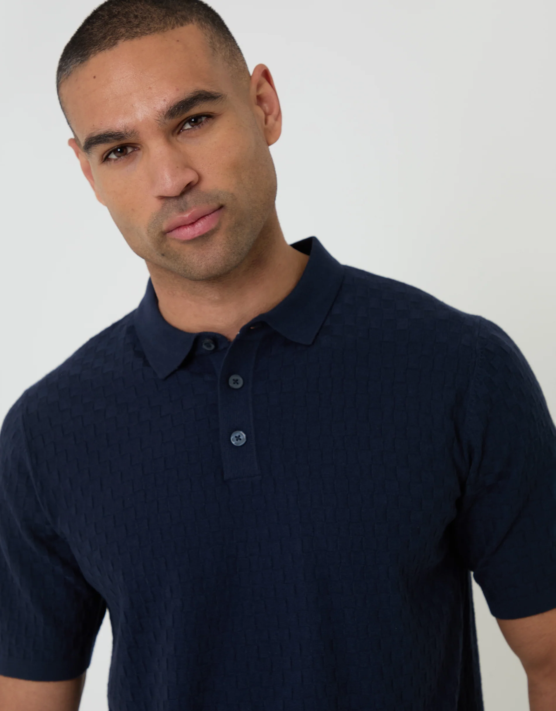 Basket Stitch Knitted Polo in Navy - Image 4