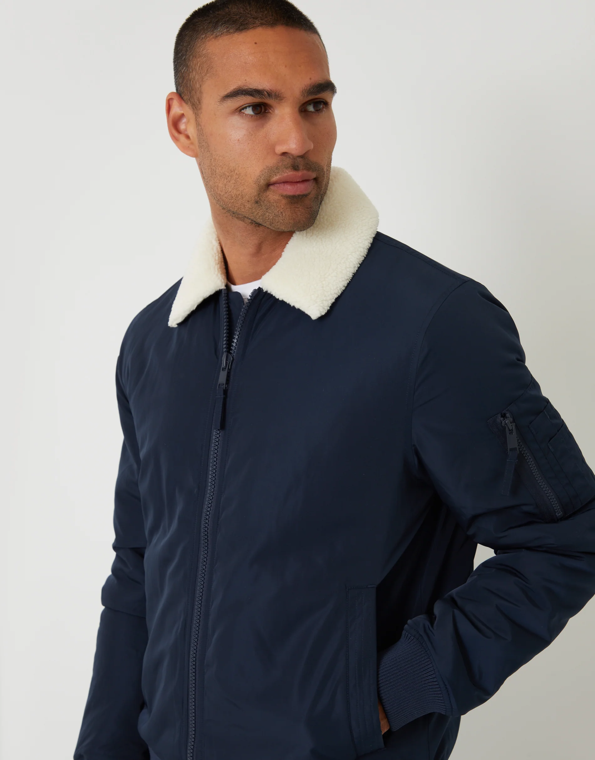 Borg Collar Bomber Jacket in Navy - Image 4