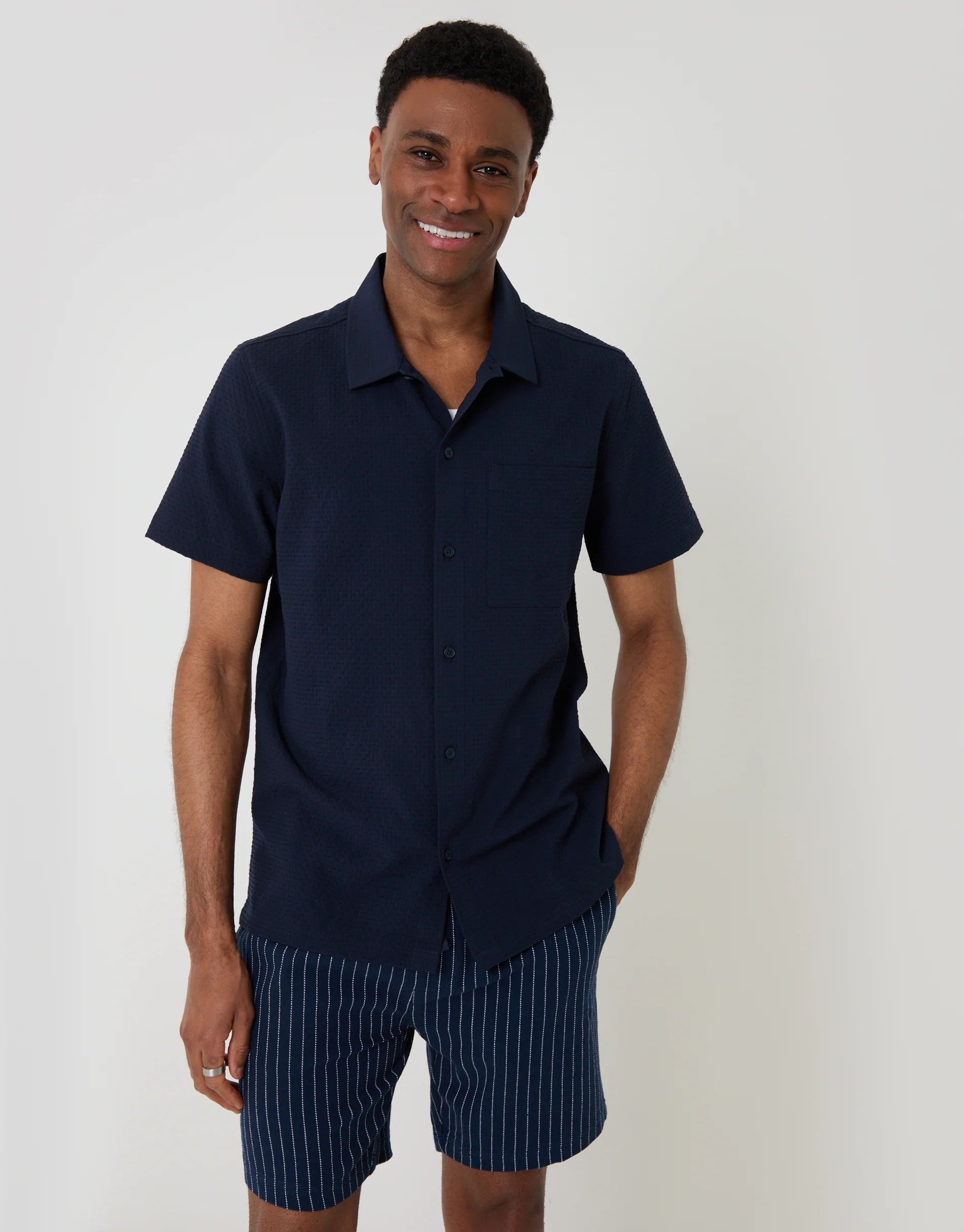 Boxy Fit Textured Short Sleeve Shirt in Navy - Image 5