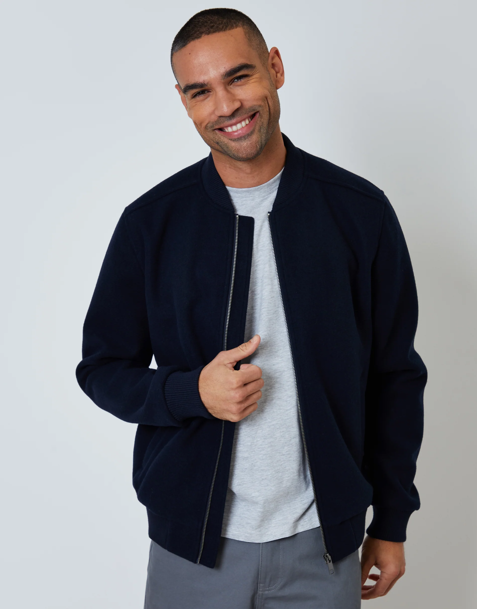 Faux Wool Bomber Jacket in Navy