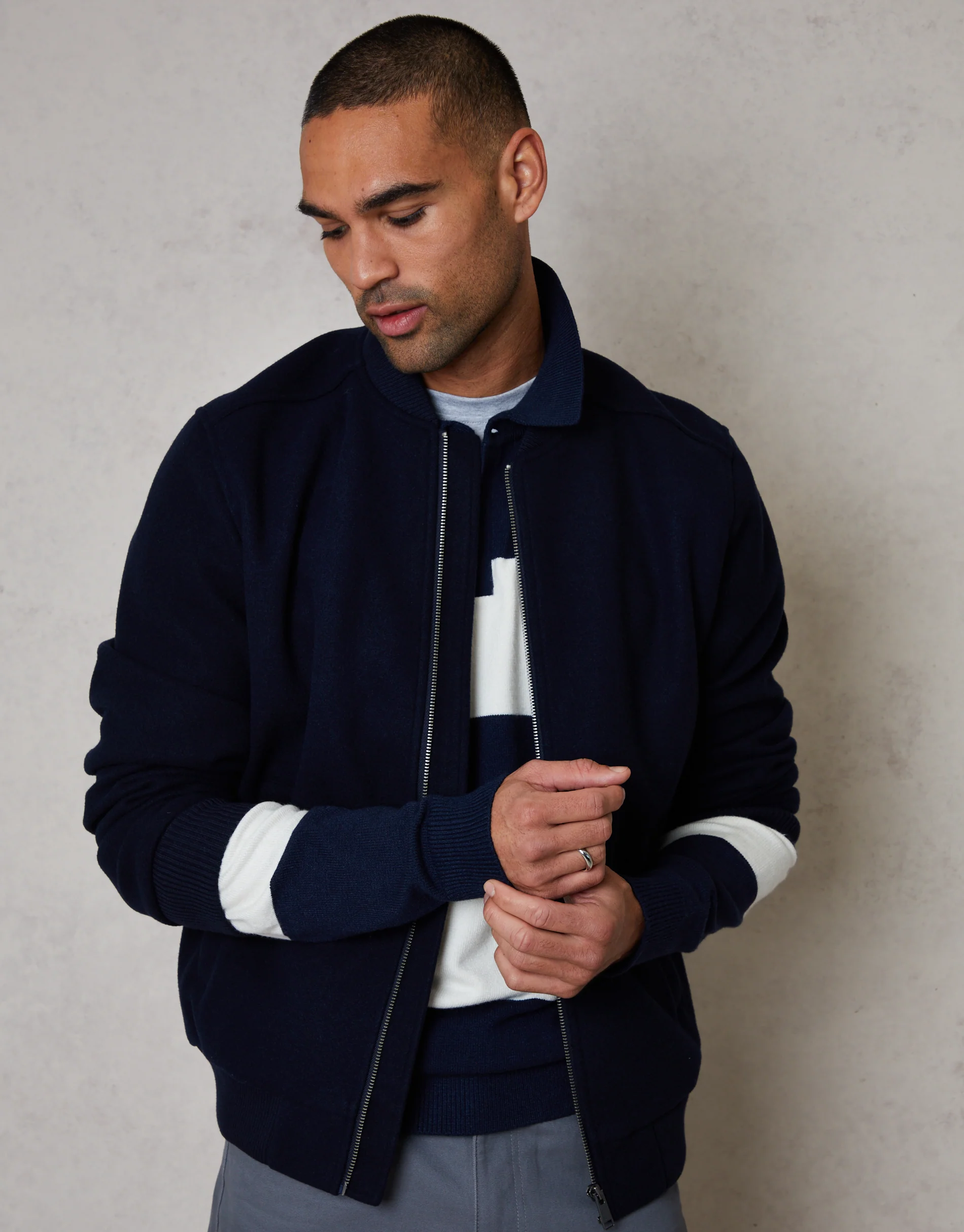 Faux Wool Bomber Jacket in Navy - Image 5