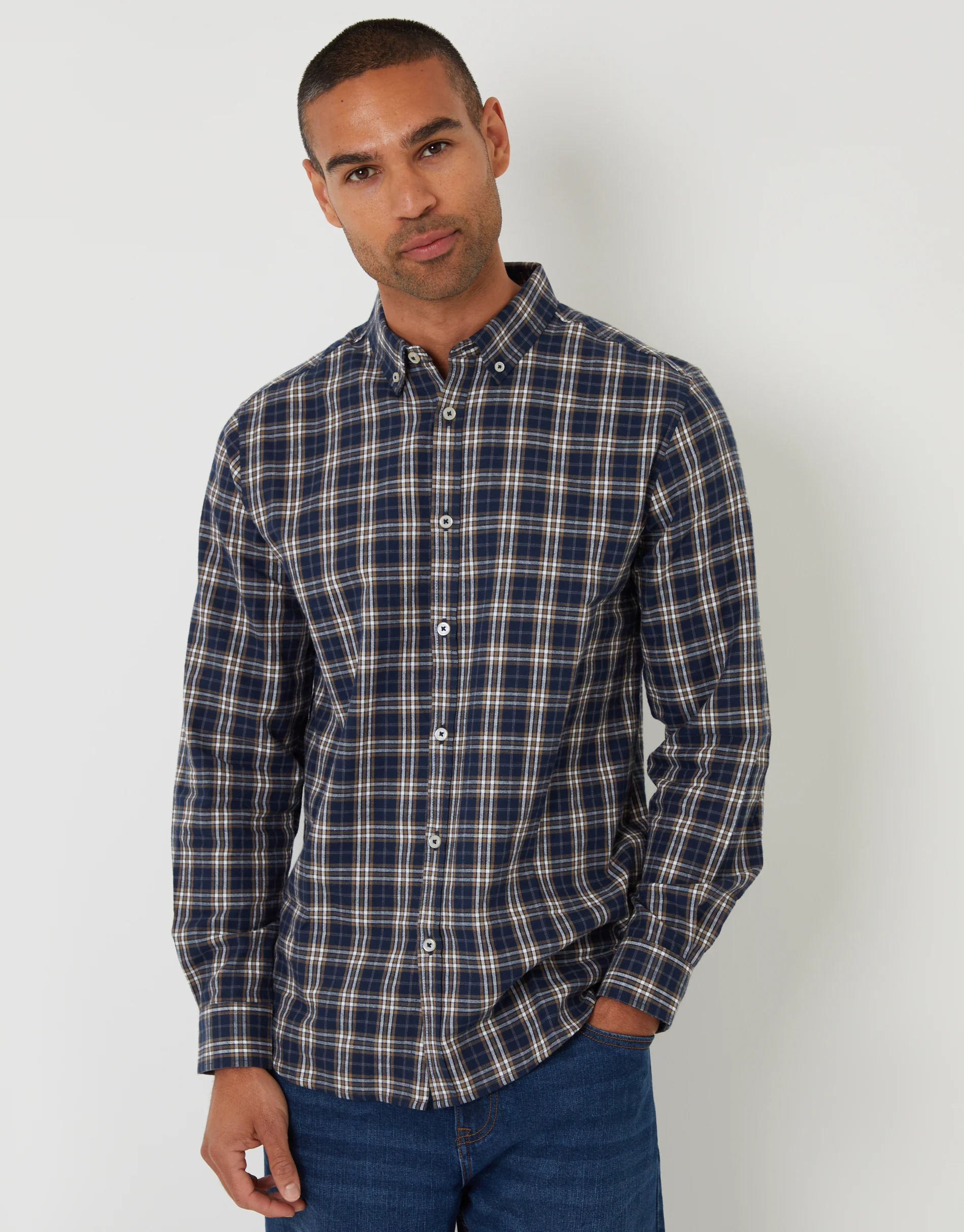 Brushed Flannel Long Sleeve Shirt in Navy Check