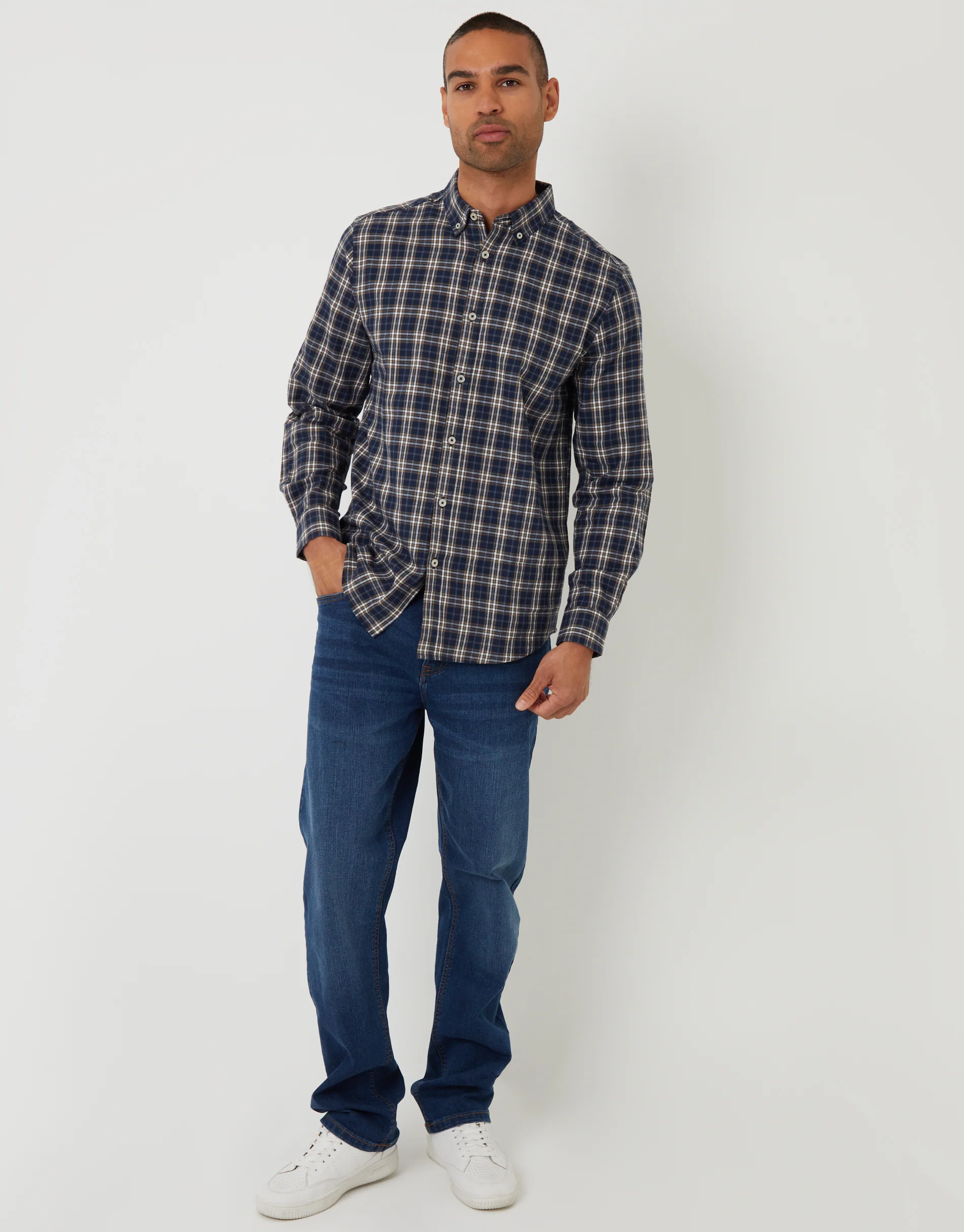 Brushed Flannel Long Sleeve Shirt in Navy Check - Image 3