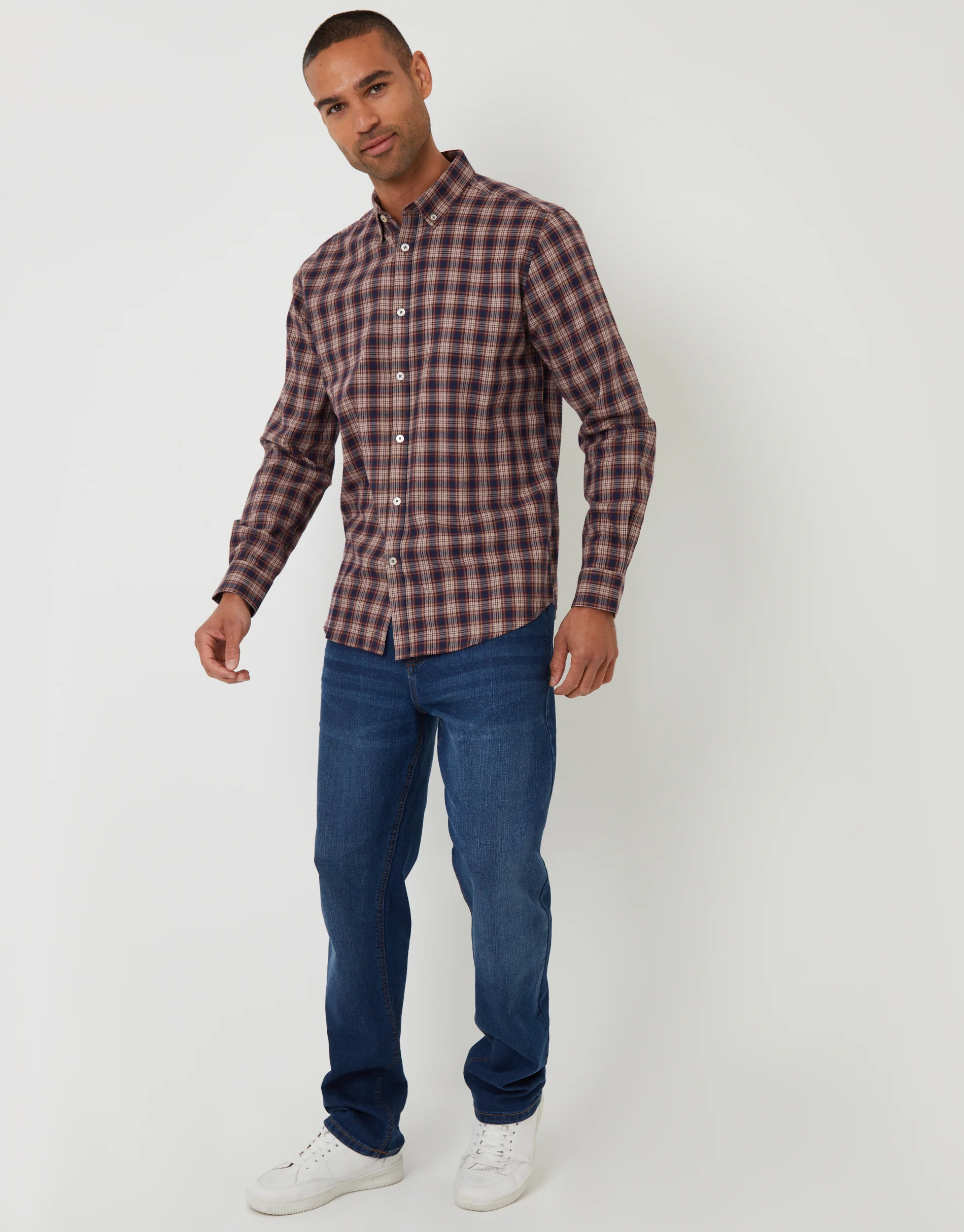 Brushed Flannel Long Sleeve Shirt in Brown Check - Image 3